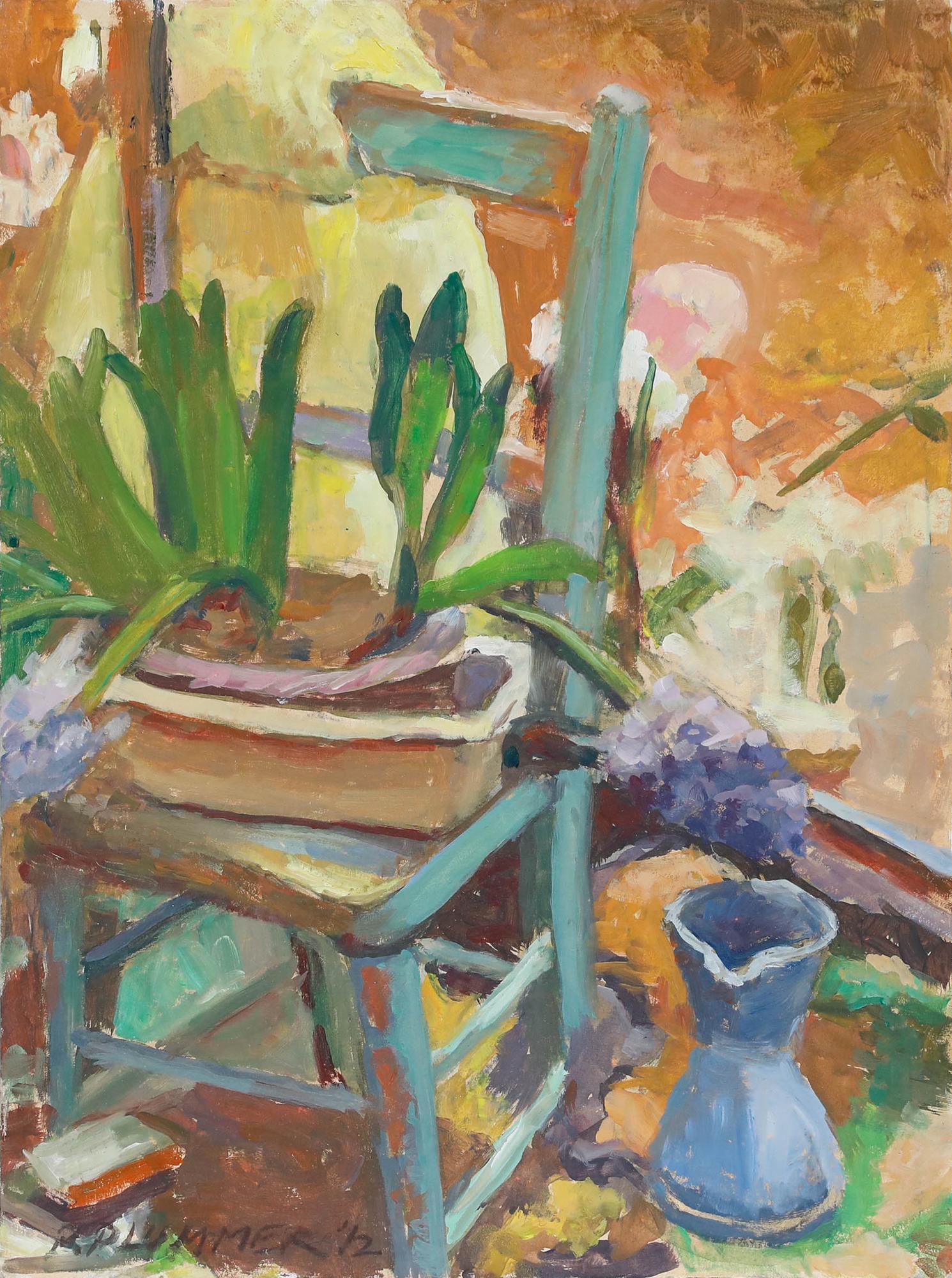 Pauline Plummer (nata nel 1933) - 2012 Olio, Piante su una sedia in vendita 1