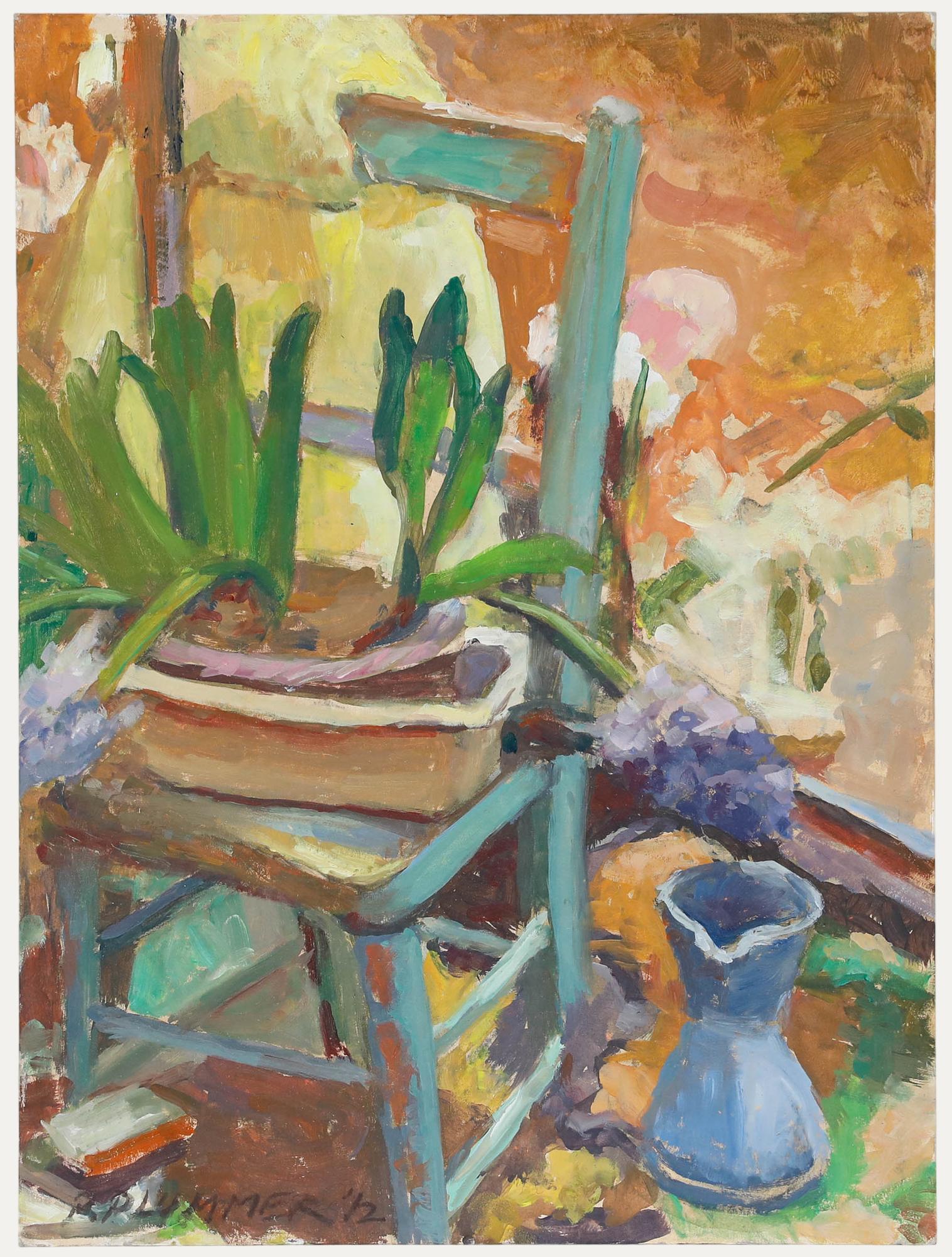 Un'energica natura morta dell'artista Pauline Plummer (nata nel 1933). Firmato e datato in basso a sinistra. A bordo.