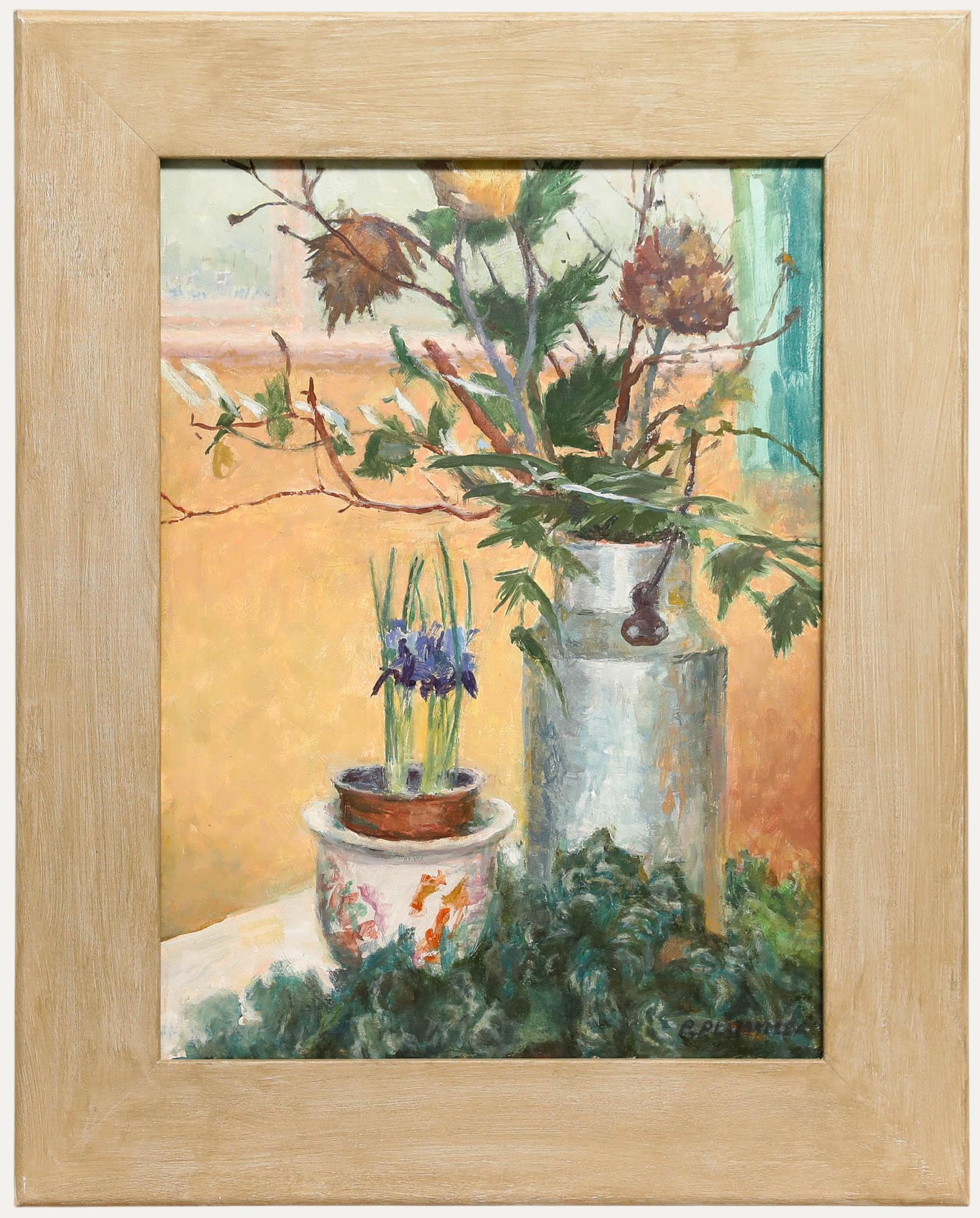 A charming scene depicting a canister filled with summer thistles in an interior setting. Signed to the lower right. Presented in a light wooden frame. On board.
