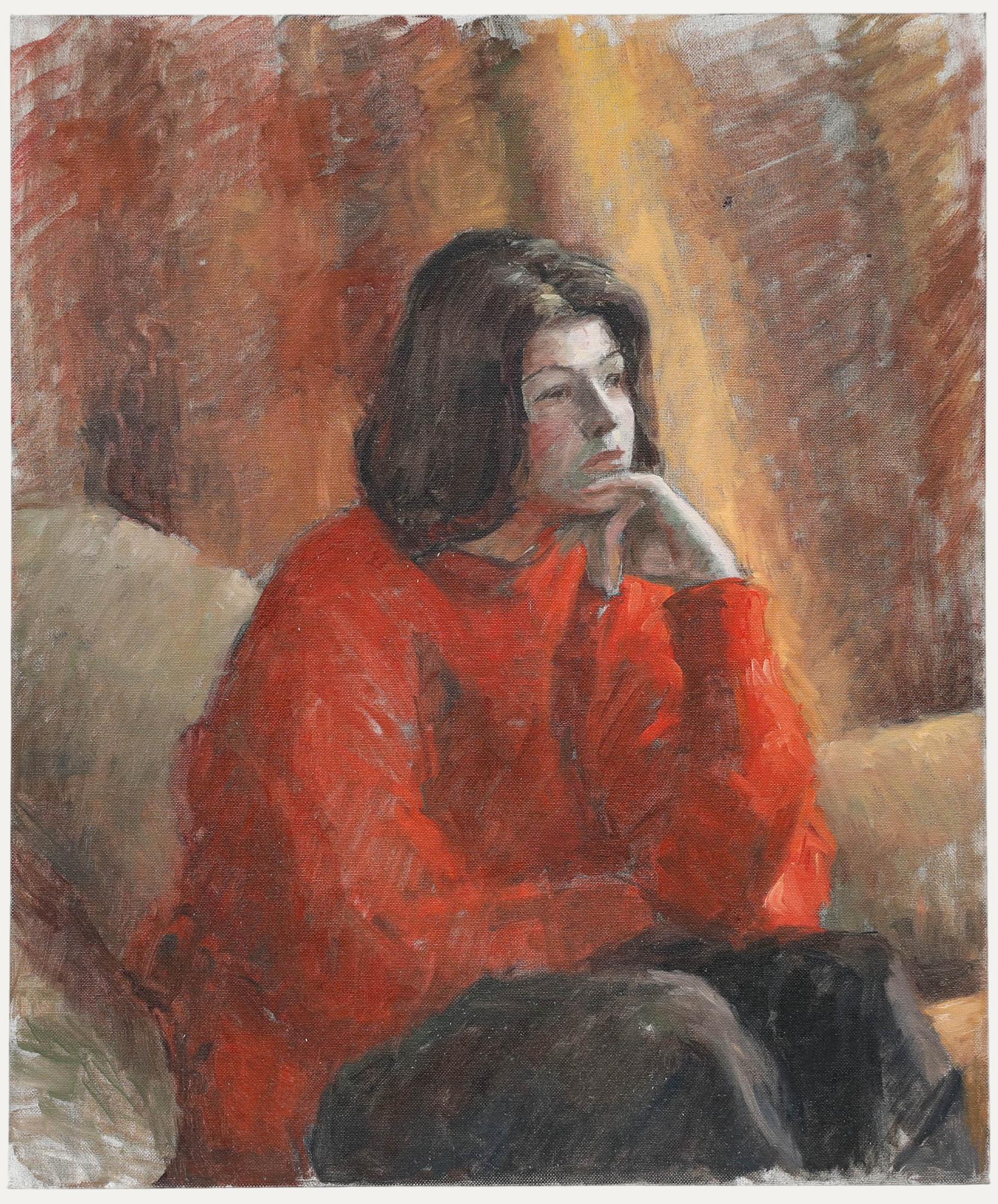 An evocative portrait by the artist Pauline Plummer (b.1933) depicting a young lady wearing a striking red jumper, deep in thought. Unsigned. Titled verso. On canvas board. 