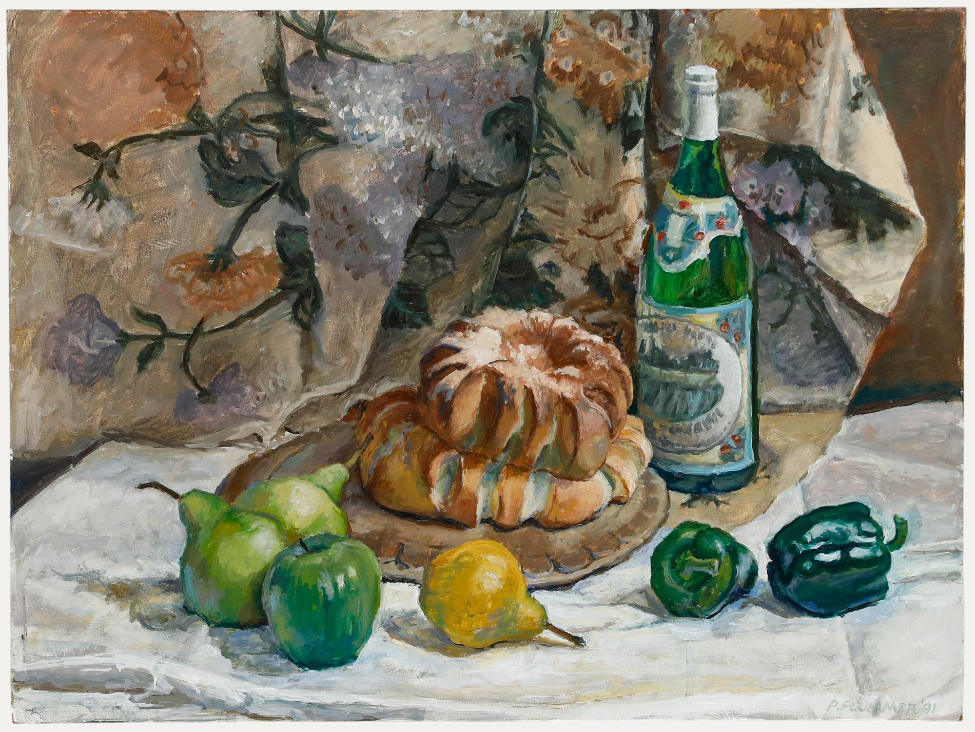 Ein Original-Ölgemälde von Pauline Plummer (geb. 1933), das ein Stillleben mit grünen Paprika, Birnen und Äpfeln neben einem knusprigen Brot zeigt. Signiert unten rechts und datiert '91. An Bord. 