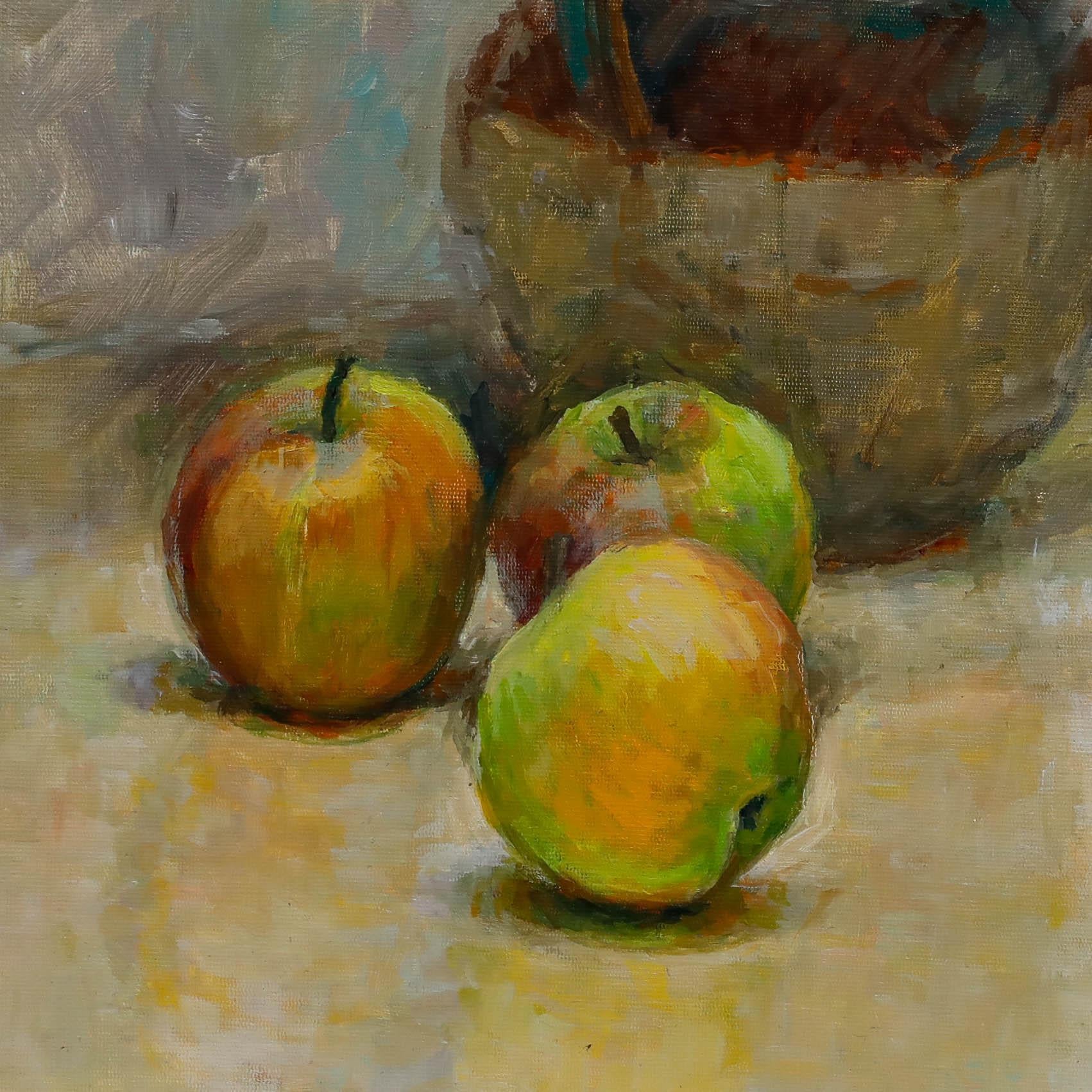 Pauline Plummer (née en 1933) - Huile du XXe siècle, Jonquilles et pommes en vente 1