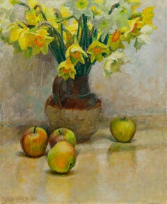 Pauline Plummer (née en 1933) - Huile du XXe siècle, Jonquilles et pommes
