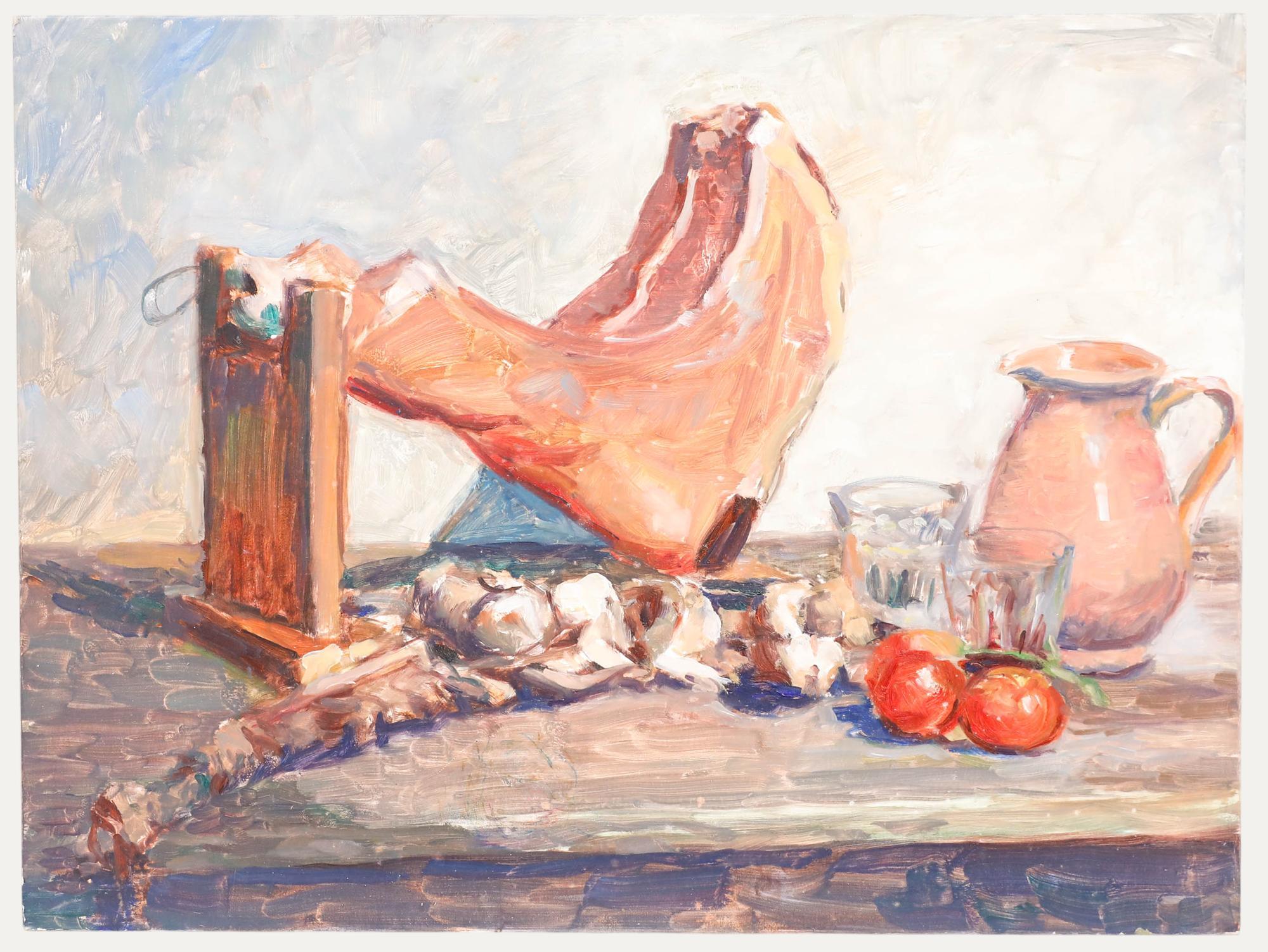 An expressive still life study depicting tomatoes, garlic and meat with an earthenware jug. Unsigned. On board. 