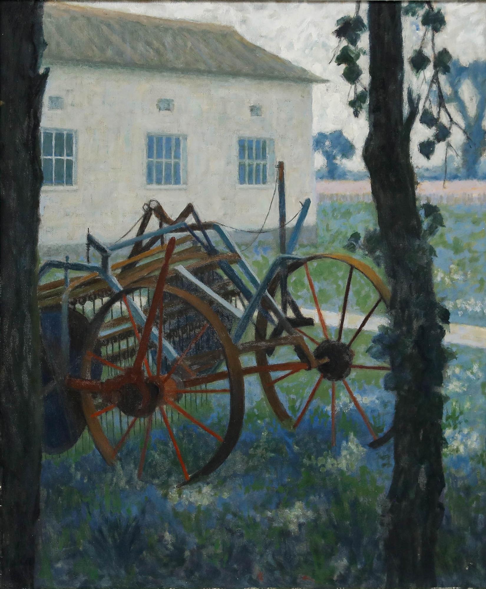 Pauline Plummer (b.1933) - 20th Century Oil, Hay Rake in the Bluebells For Sale 1