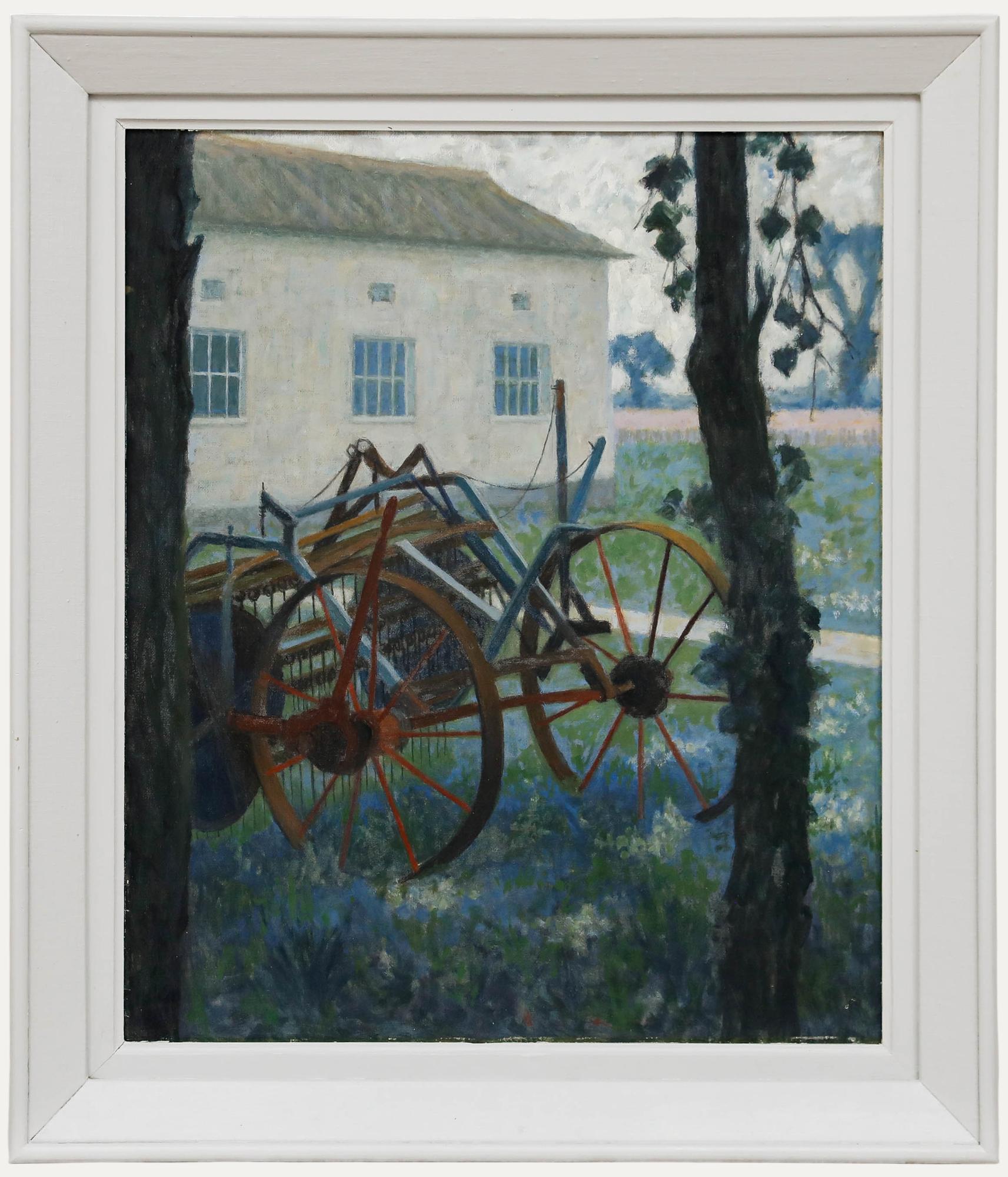 Rendered in a loose, Impressionist style, this peaceful composition features bluebells beneath a cloudy sky, with old farm machinery prominently displayed in the foreground. The weathered equipment adds rustic character to the serene landscape. Well