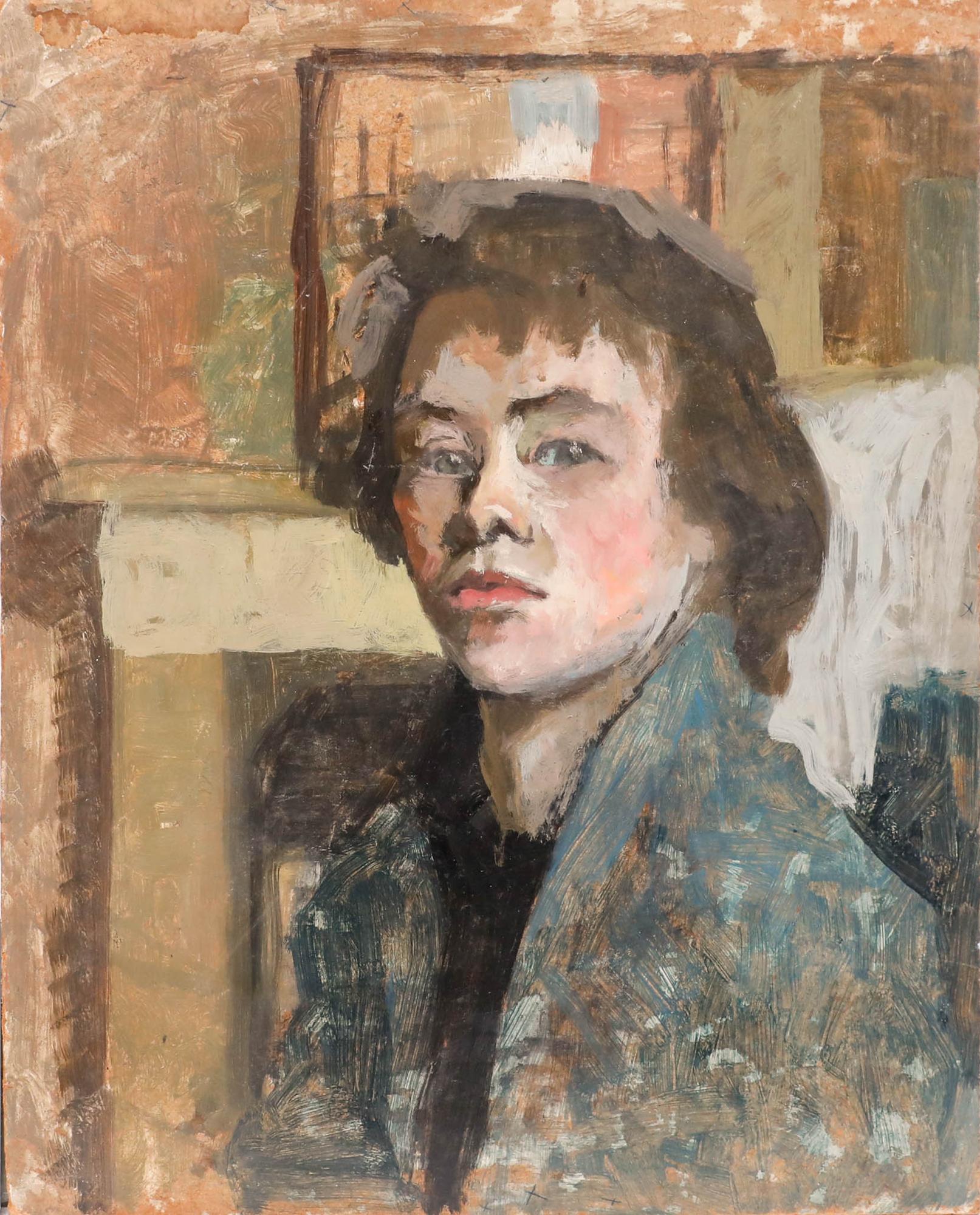 Pauline Plummer (née en 1933) - Huile du XXe siècle, Dame en veste verte en vente 1