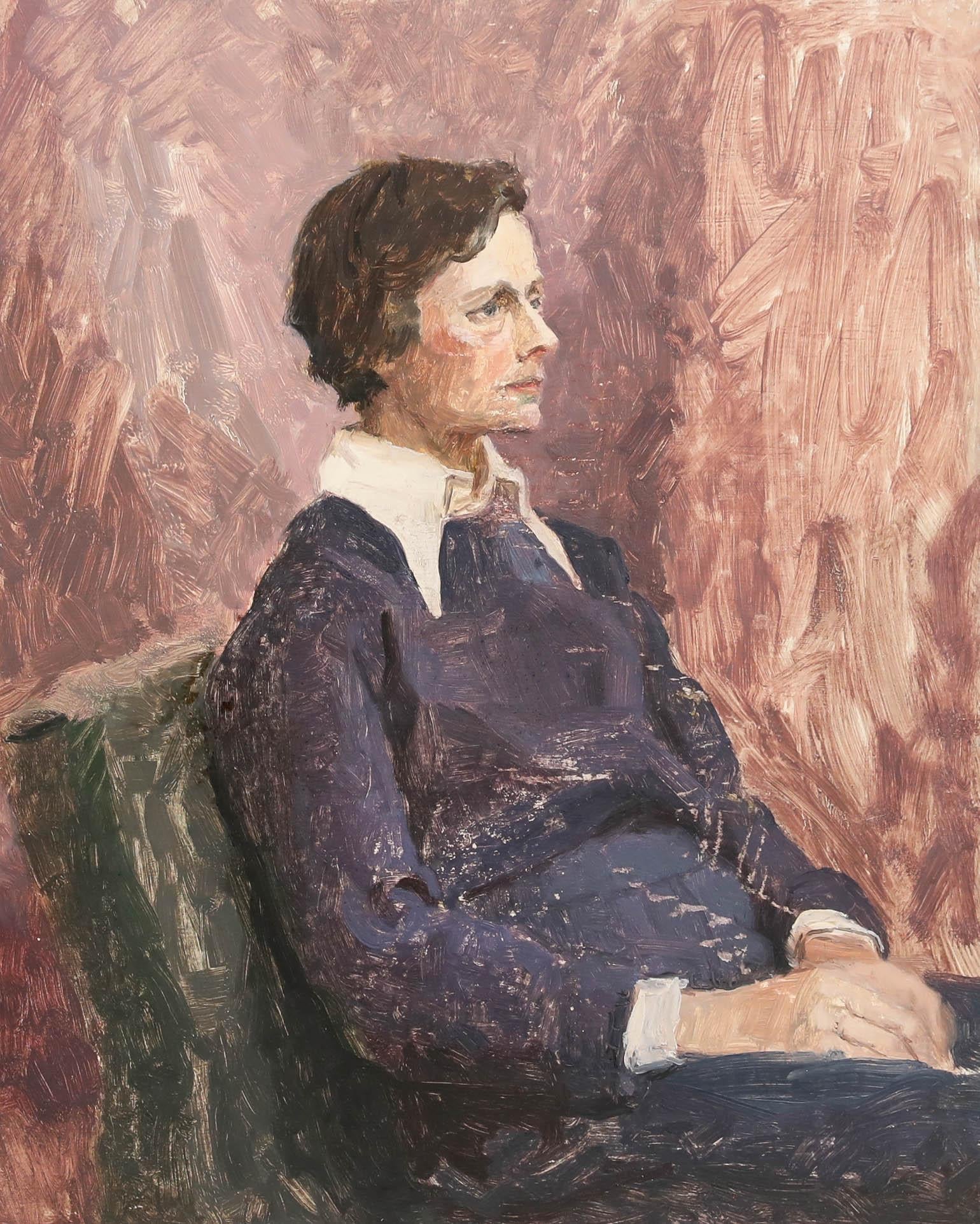 Pauline Plummer (née en 1933) - 20e siècle Huile, Dame au grand col blanc en vente 1