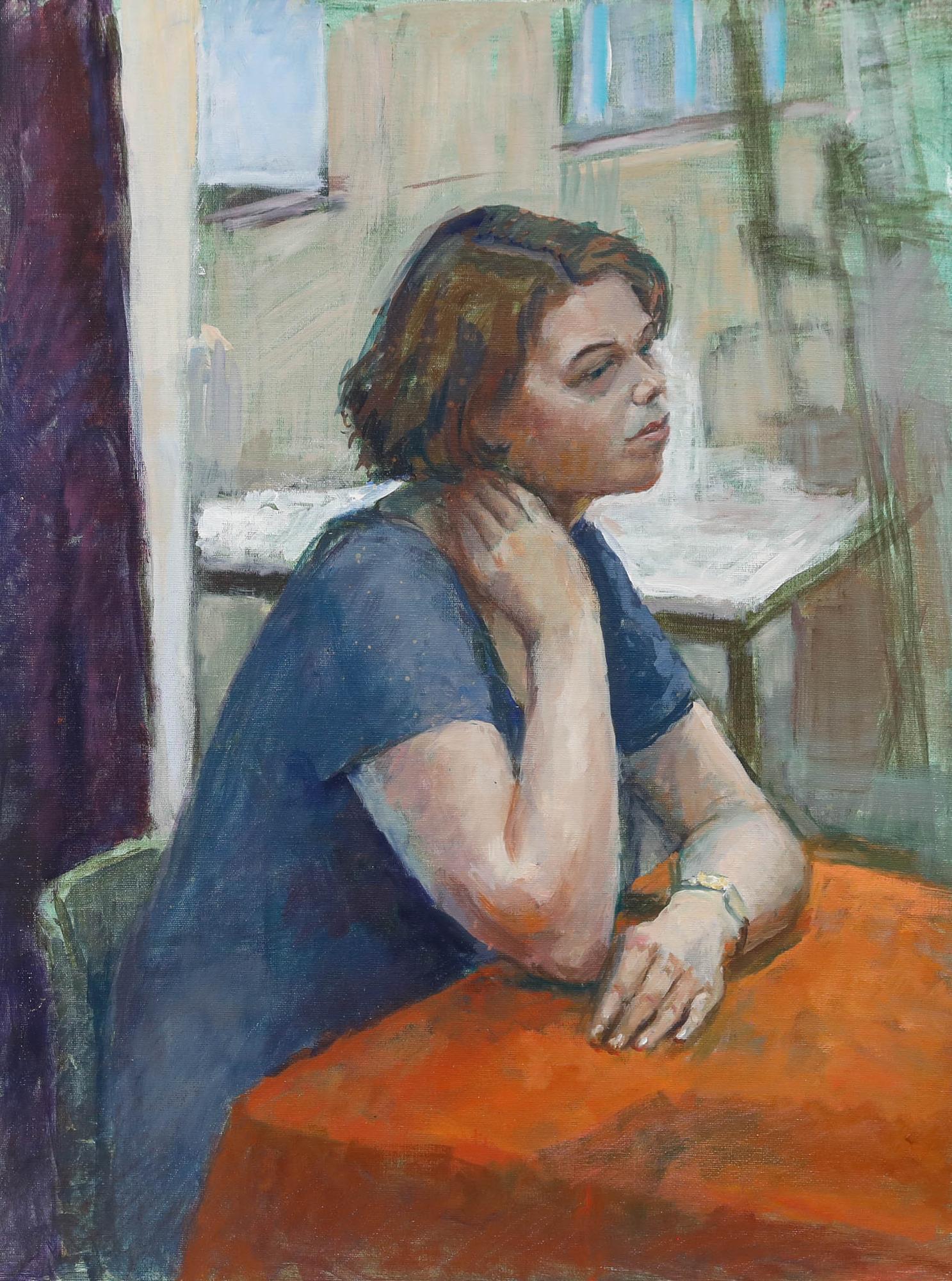 Pauline Plummer (née en 1933) - 20e siècle Huile, Mélanie et la nappe orange en vente 1