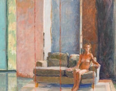 Pauline Plummer (geb. 1933) - 20. Jahrhundert Öl, Akt in blauem Interieur