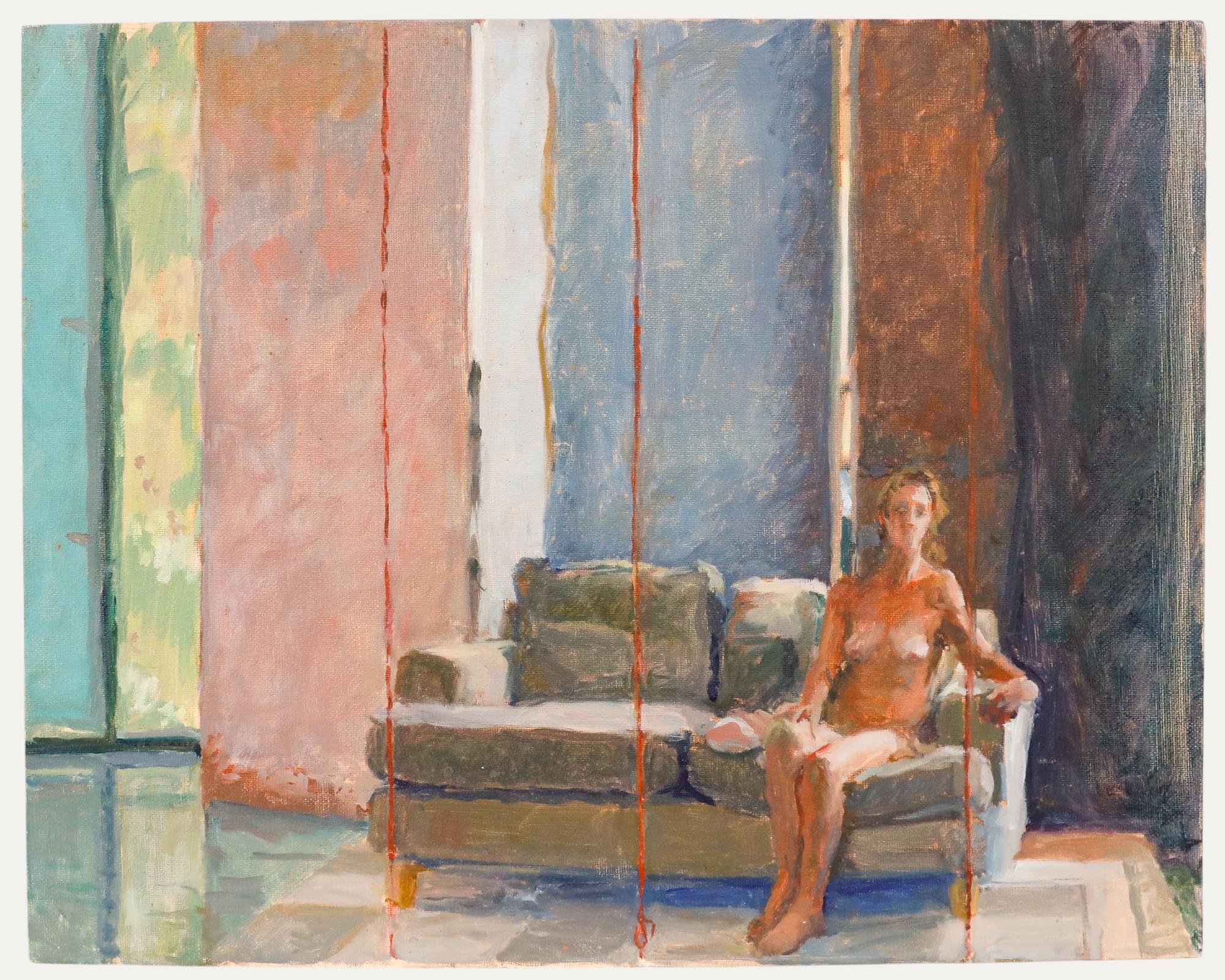 This intimate oil painting depicts a nude figure seated on a muted green upholstered chair within a softly lit interior space. The composition features vertical bands of colour in the background—ranging from seafoam green and coral pink to dusty