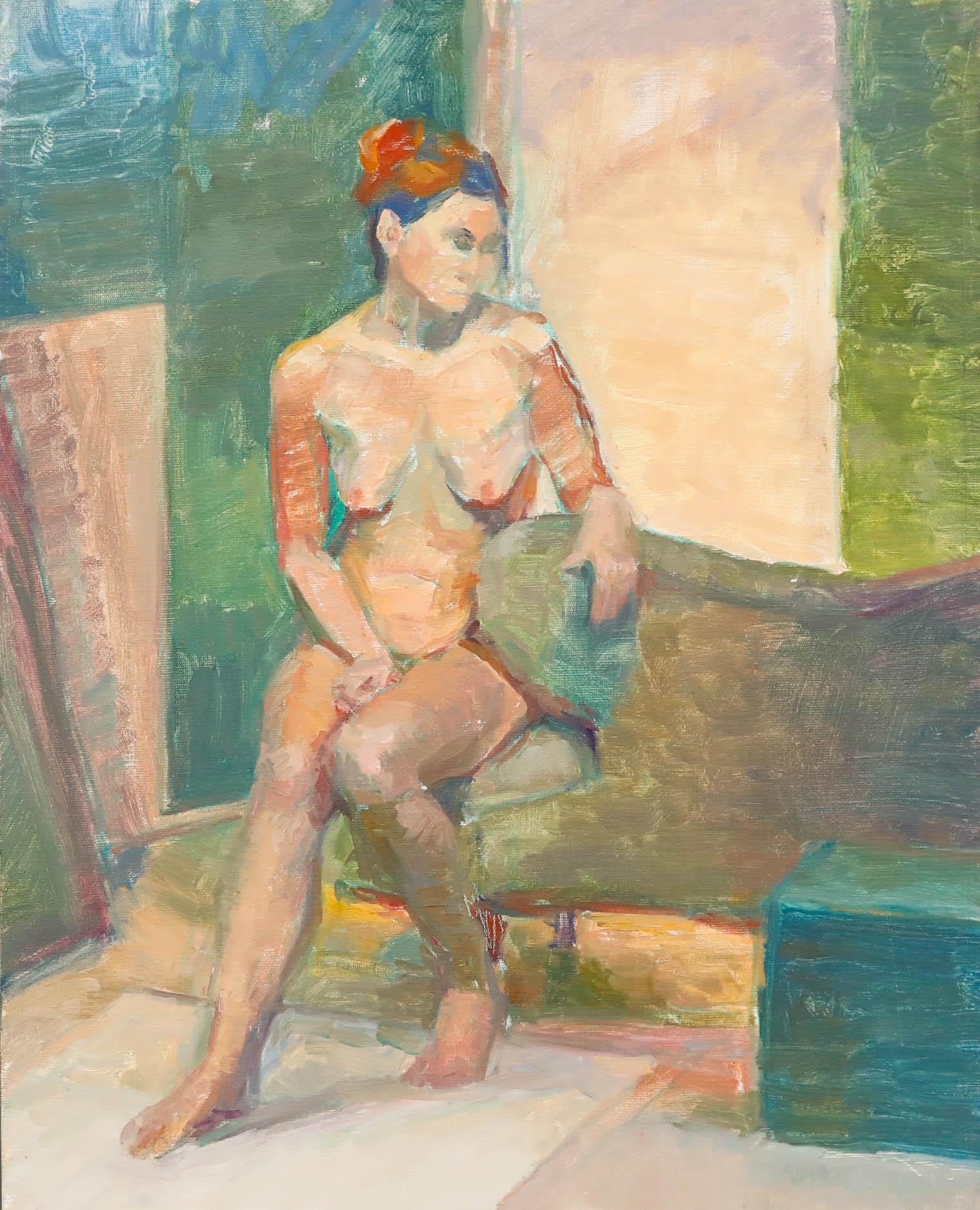 Pauline Plummer (b.1933) - 20th Century Oil, Nude on Green Armchair For Sale 1
