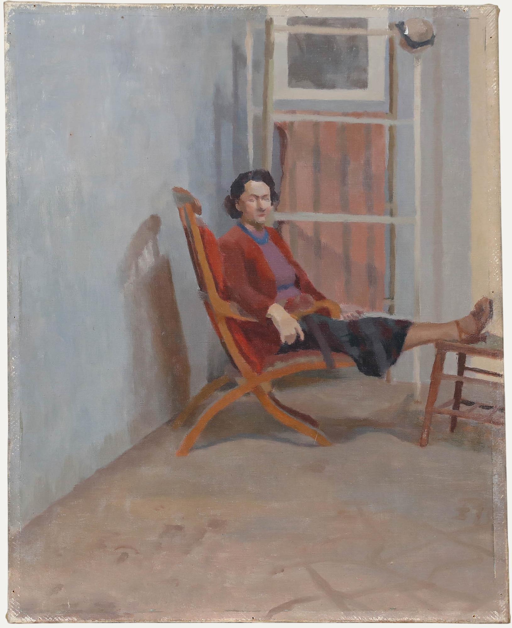 This intimate interior scene depicts a solitary figure relaxing in a wooden chair on a softly lit porch. The composition employs a restrained palette of earth tones and gentle lighting to create a contemplative atmosphere that emphasises the quiet