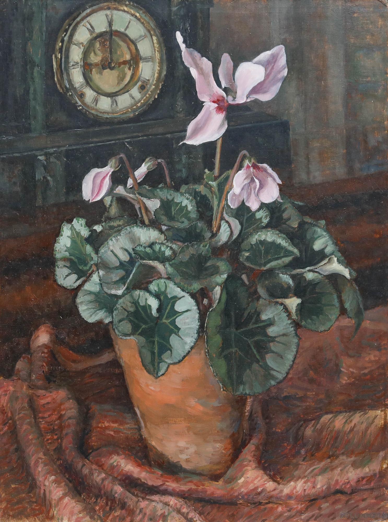 Pauline Plummer (geb. 1933) - 20. Jahrhundert Öl, Rosa Alpenveilchen im Angebot 1