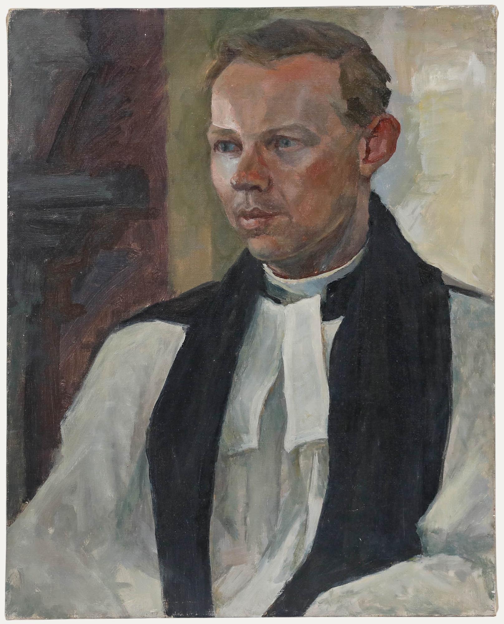 Un sensibile ritratto dell'artista Pauline Plummer (nata nel 1933) che raffigura un vicario in un momento di tranquilla riflessione. Firmato sul retro. Su tela su barelle.