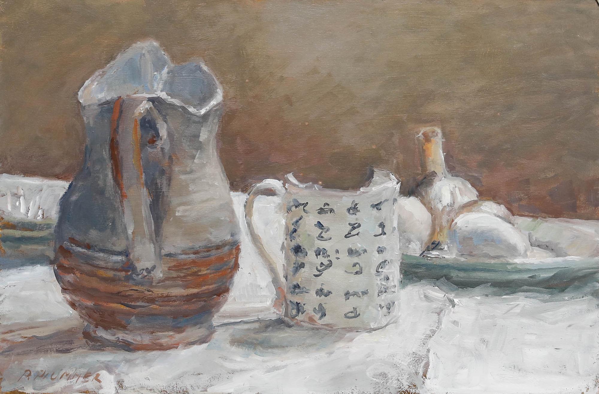 Pauline Plummer (née en 1933) - 20e siècle Huile, Nature morte d'une cruche et d'une tasse en vente 1