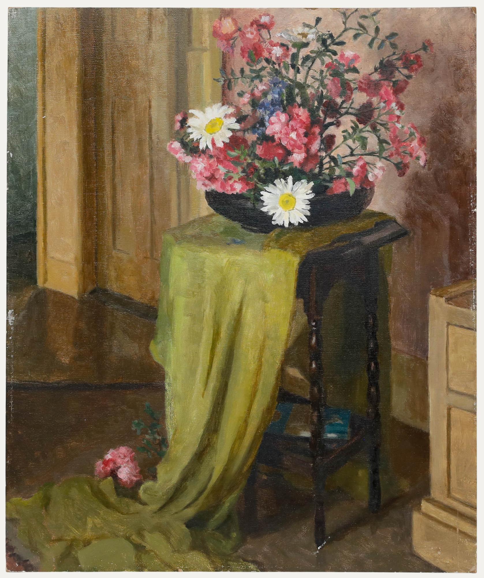 A delightful still life by the artist Pauline Plummer (b.1933). Unsigned. Inscribed verso. On board.