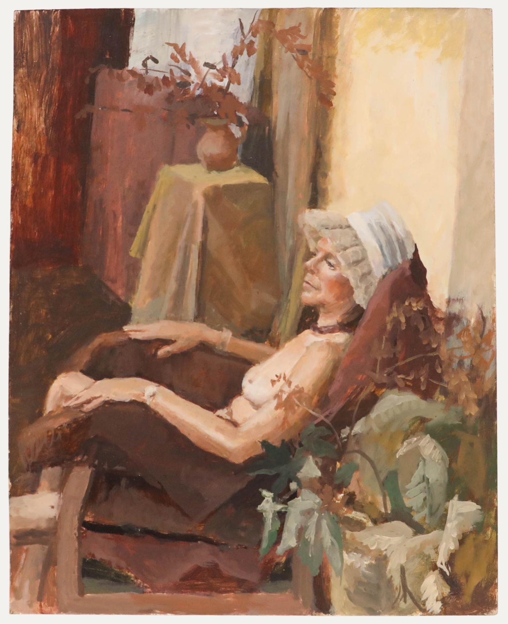 A charming study of a partially nude figure reclining in sunlight coming from an open window. Unsigned. On board.