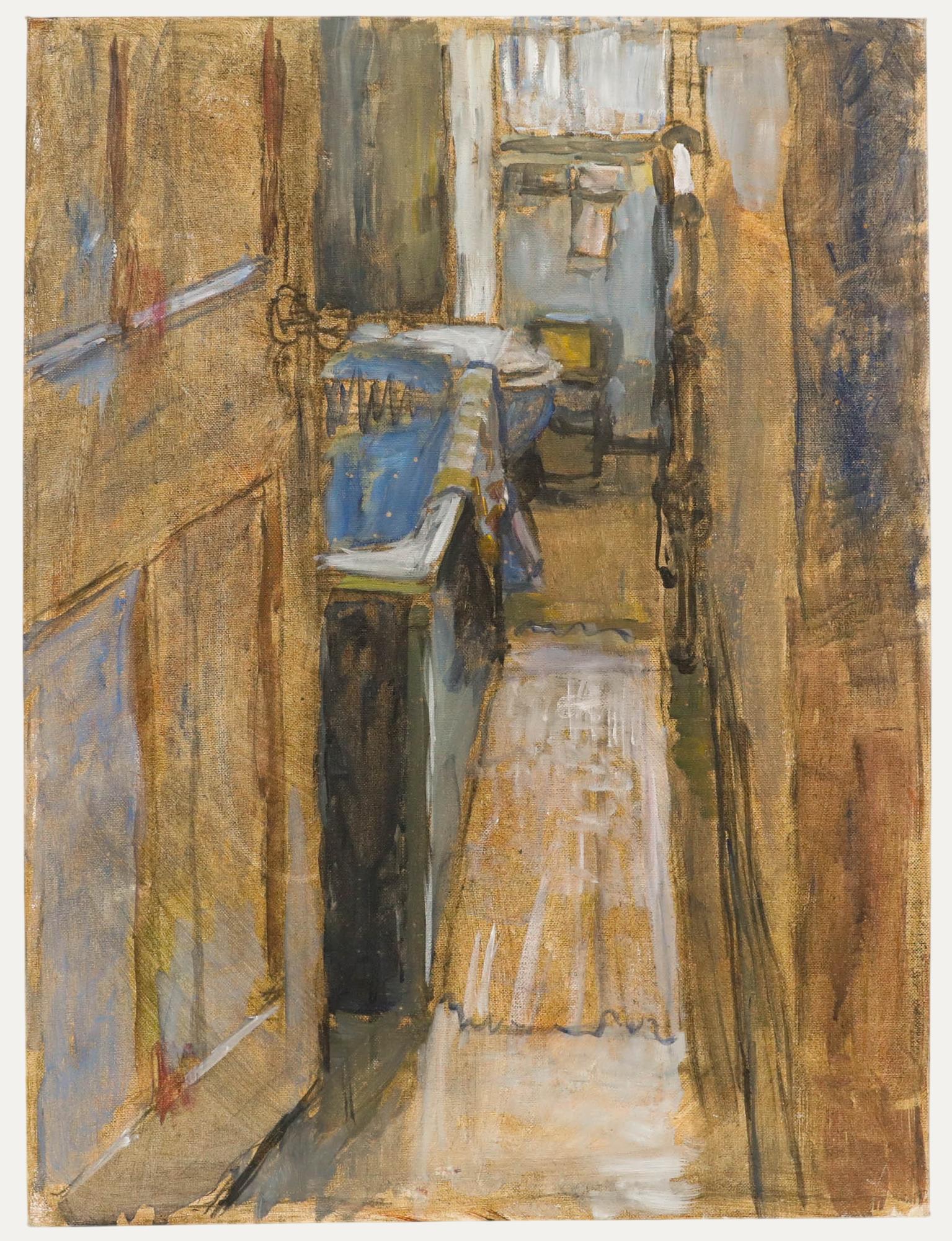 A charming interior scene depicting an open doorway leading to a bathroom. Unsigned. On canvas board.