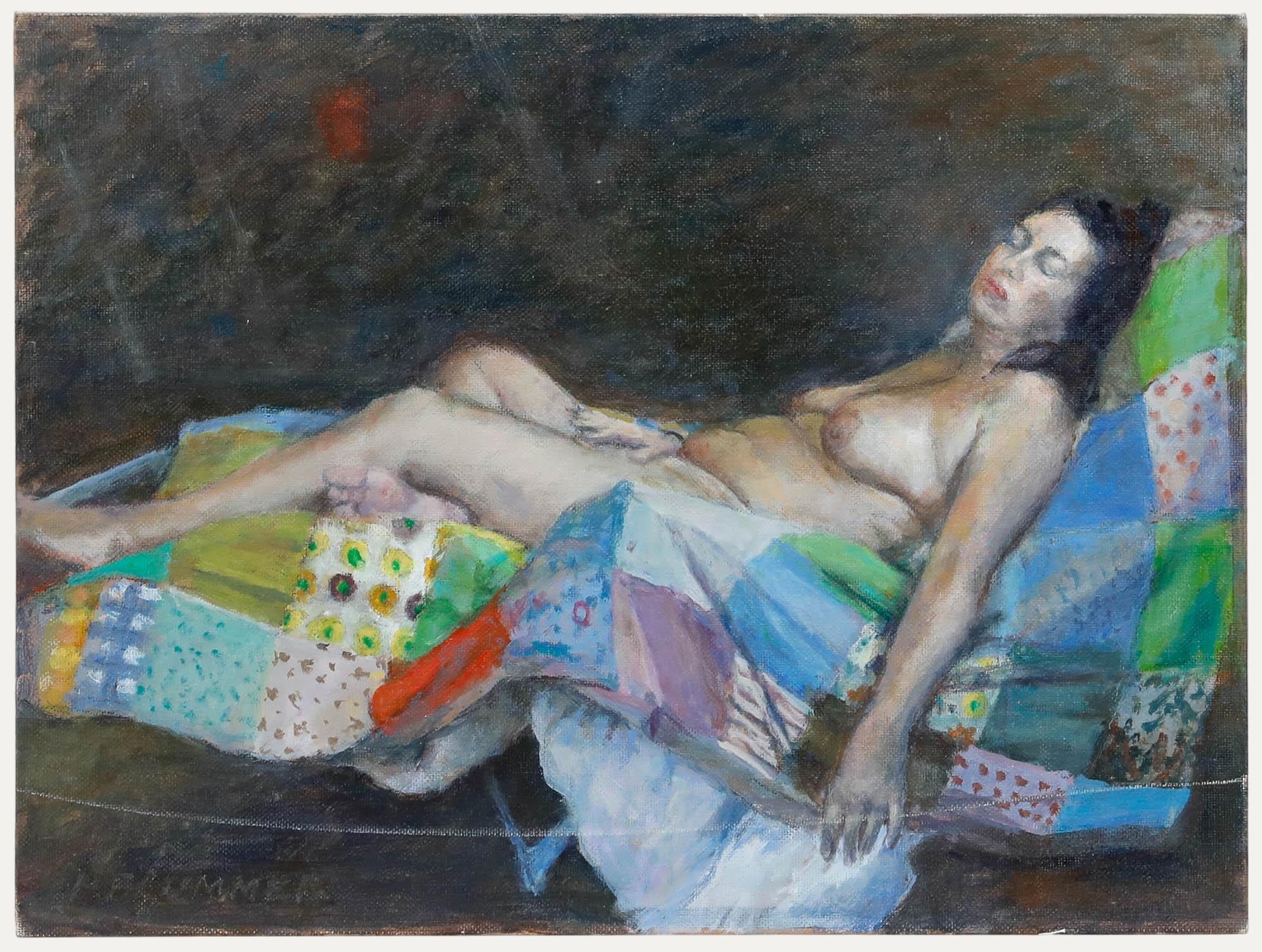 An original life study by Pauline Plummer (b.1933), depicting a reclining female nude positioned on a vibrant patchwork quilt. Signed in the lower left corner. On canvas board. 