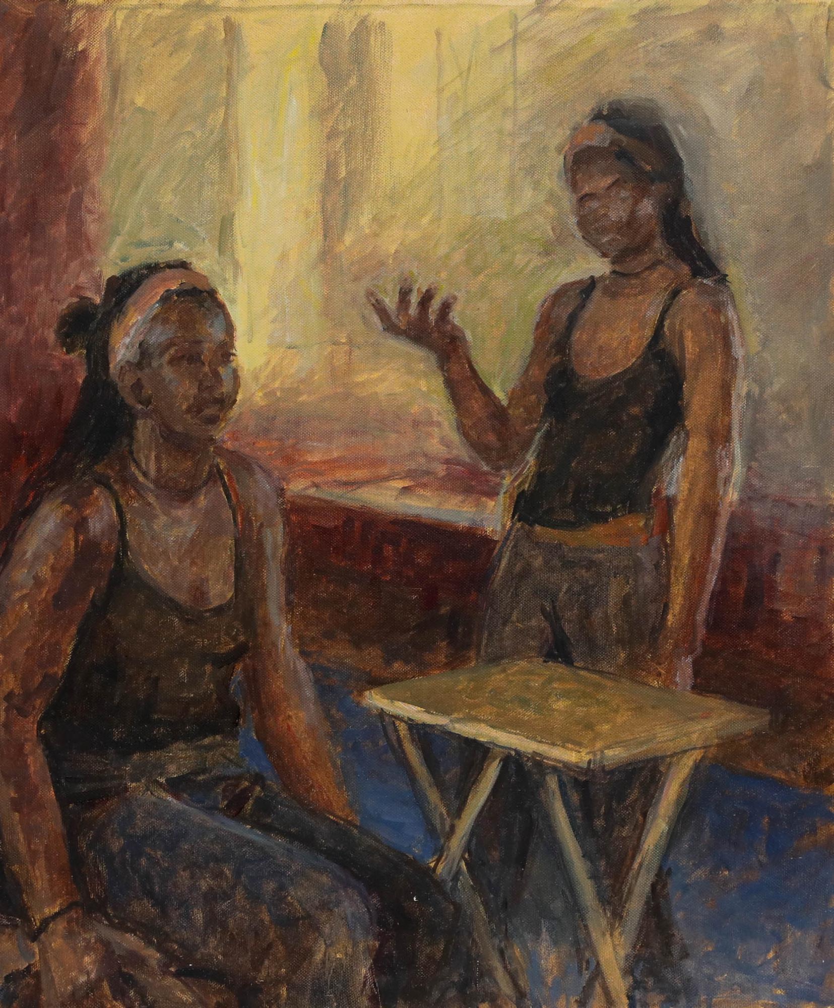 Pauline Plummer (nata nel 1933) - Olio contemporaneo, Una conversazione in vendita 1