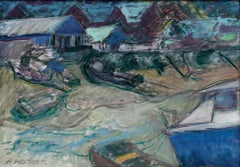 Pauline Plummer (née en 1933) - Huile contemporaine, Bateaux sur le rivage