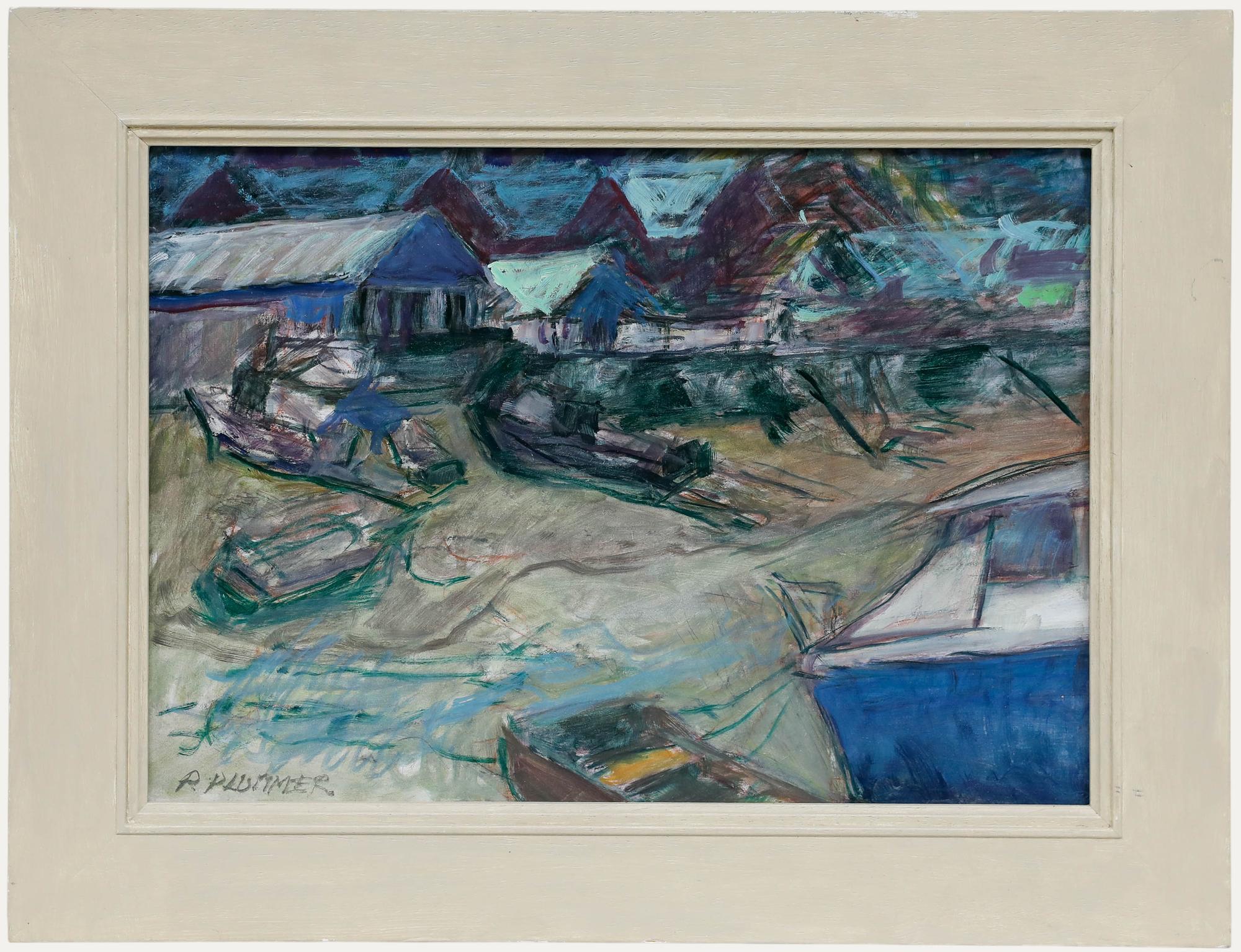 Eine energiegeladene Studie einer zerklüfteten Küstenlinie der Künstlerin Pauline Plummer (geb. 1933). Plummer verwendet eine lockere Pinselführung und eine gedämpfte Palette von Blau- und Violetttönen, um die windgepeitschte Szene darzustellen.