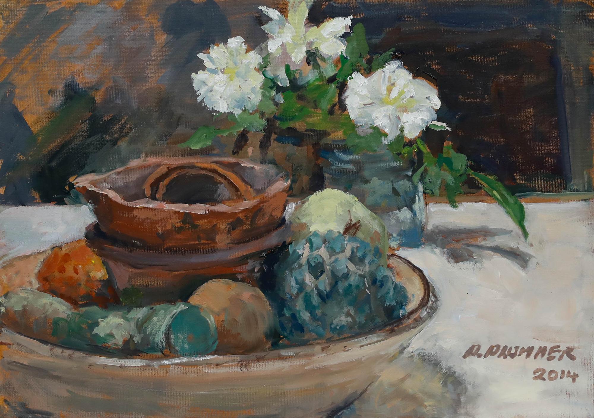 Pauline Plummer (geb. 1933) - Zeitgenössisches Öl, Obstschale und weiße Blumen im Angebot 1