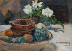 Pauline Plummer (b.1933) - Contemporary Oil, Fruit Bowl & White Flowers