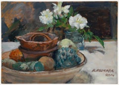 Pauline Plummer (geb. 1933) - Zeitgenössisches Öl, Obstschale und weiße Blumen