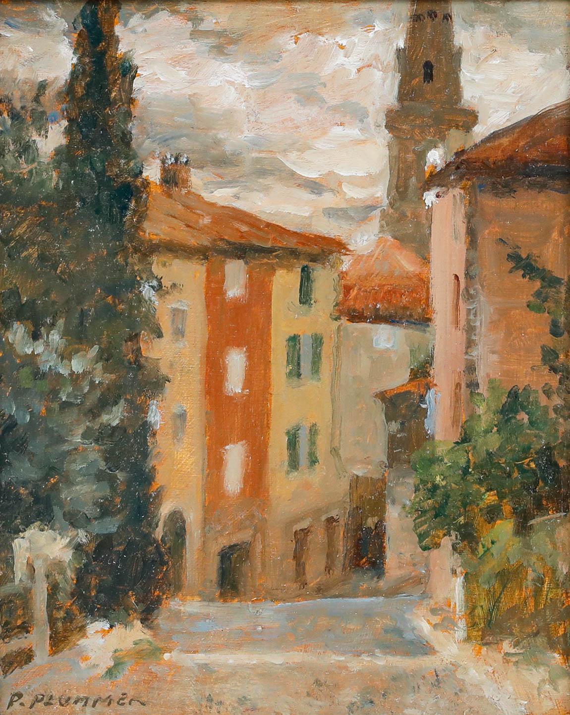 Pauline Plummer (geb. 1933) - Zeitgenössisches Öl, Saint Saturnin aus den Ruinen im Angebot 1