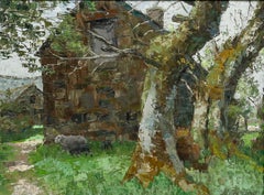 Pauline Plummer (nata nel 1933) - Olio contemporaneo, Pecore vicino al fienile