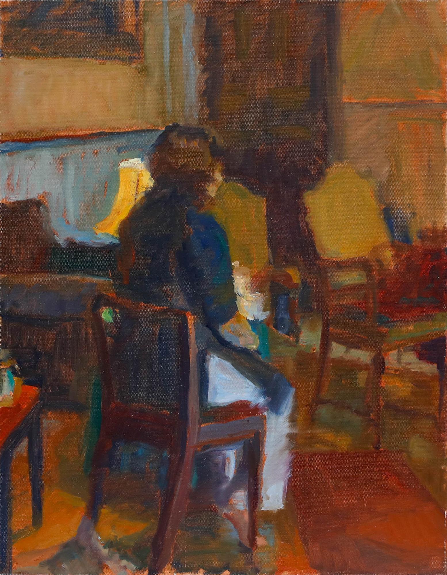 Pauline Plummer (geb. 1933) - Zeitgenössisches Öl, Sitzen bei Lampenlicht im Angebot 1