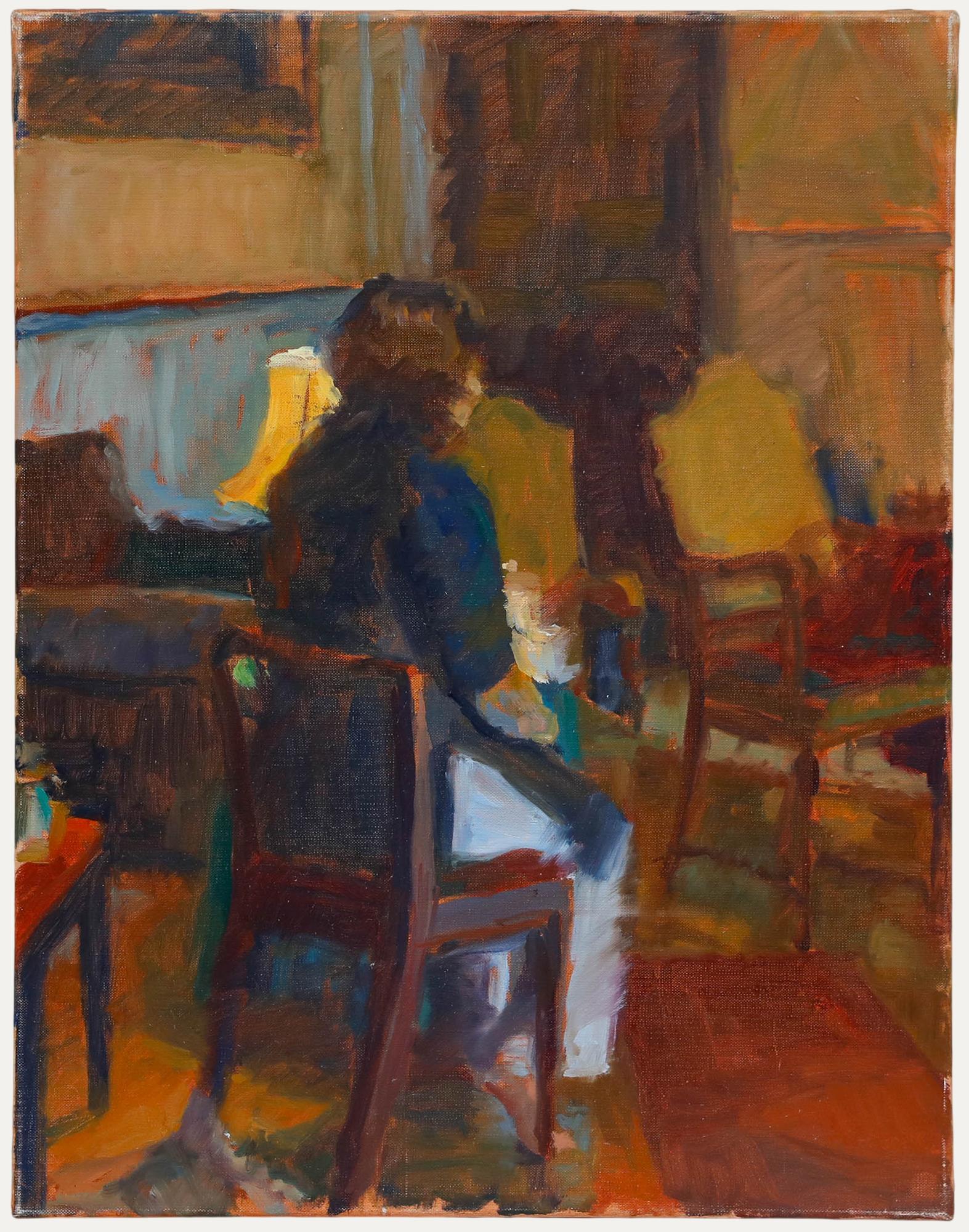 Eine sanfte, impressionistische Studie der Künstlerin Pauline Plummer (geb. 1933), die eine Dame darstellt, die sich im Lampenlicht ausruht. Verso signiert. Auf Leinwand auf Keilrahmen. 