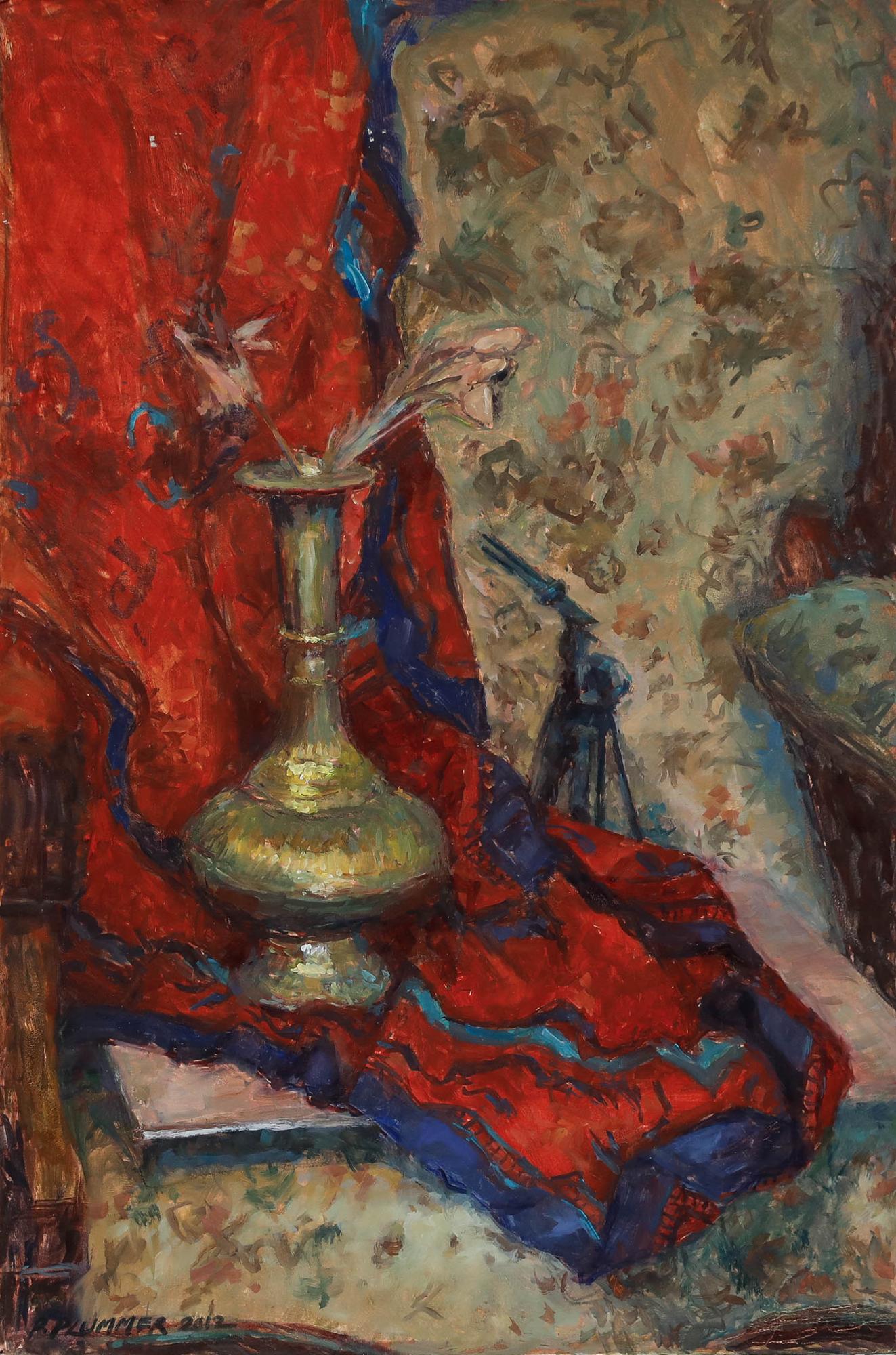 Pauline Plummer (geb. 1933) - Zeitgenössisches Öl, Stillleben mit Messingvase im Angebot 1