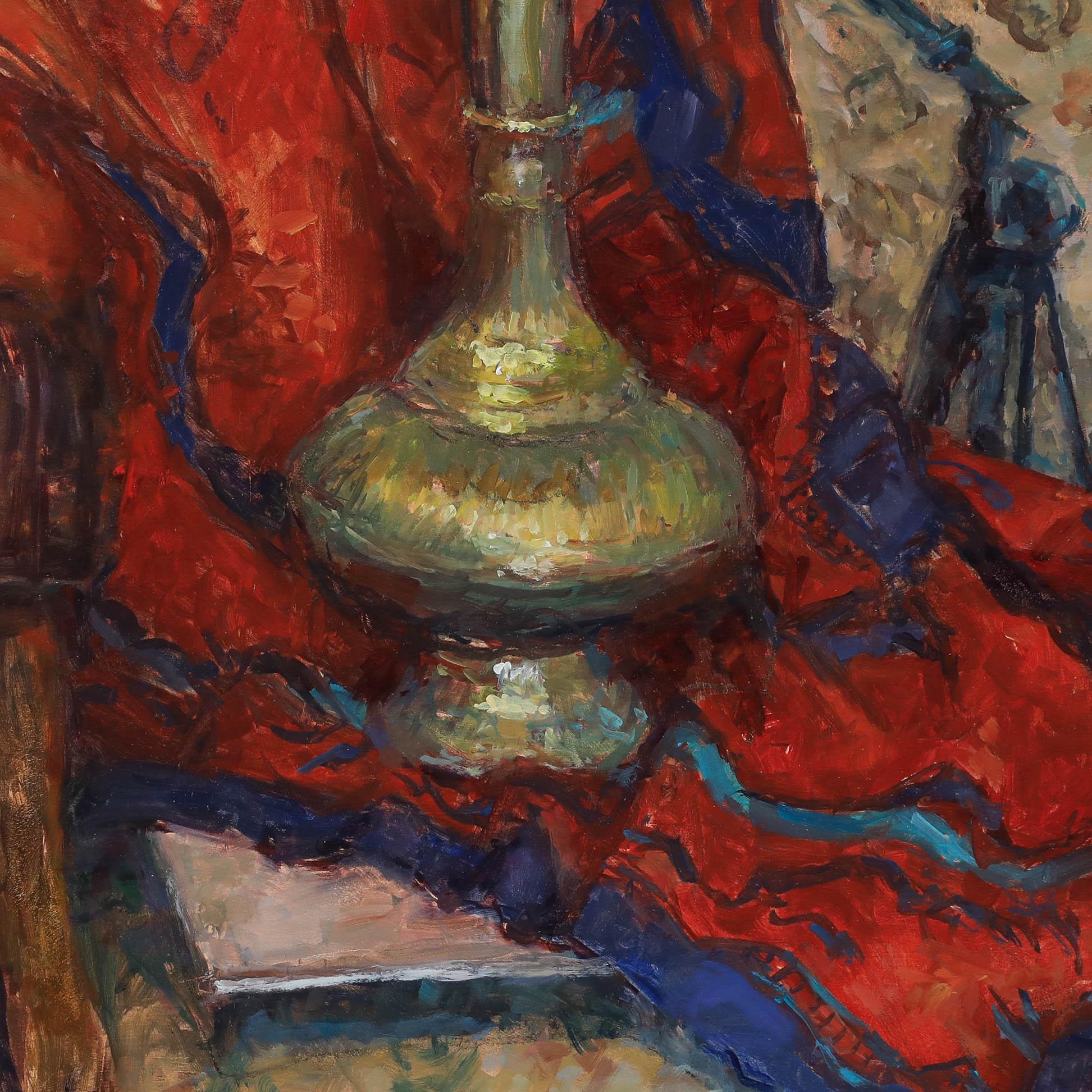Pauline Plummer (geb. 1933) - Zeitgenössisches Öl, Stillleben mit Messingvase im Angebot 2