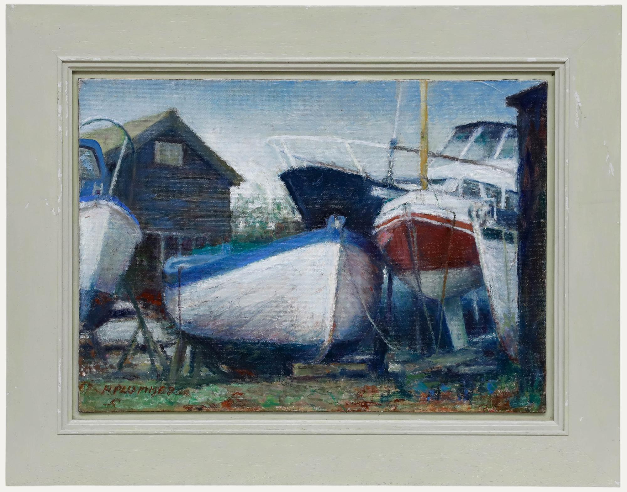 Un delicato studio di barche ormeggiate dell'artista Pauline Plummer (nata nel 1933). Firmato in basso a sinistra. Ben presentato in una cornice dipinta. Su tavola di tela.
