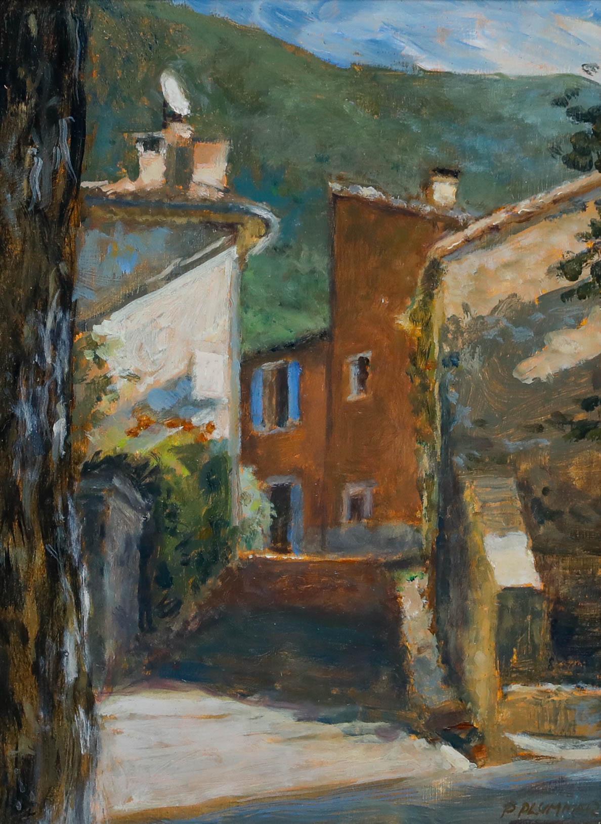 Pauline Plummer (geb. 1933) - Zeitgenössisches Öl, Die Kirche von Rustrel, Provence im Angebot 1
