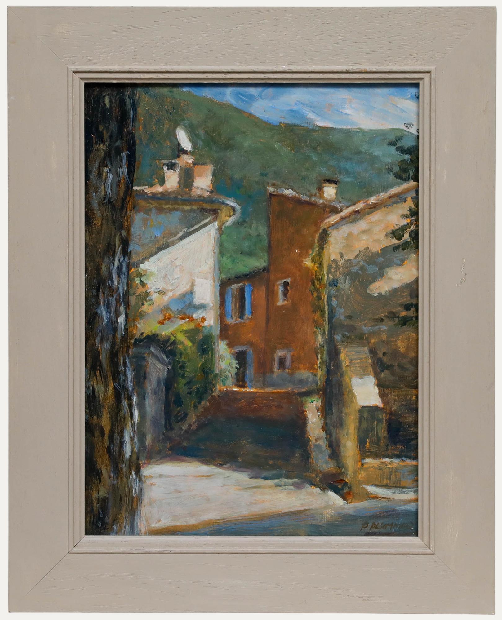 Ein Original-Ölgemälde von Pauline Plummer (geb. 1933), das die Kirche von Rustrel in der Provence zeigt. Gut präsentiert in einem bemalten Holzrahmen. Signiert unten rechts. An Bord. 