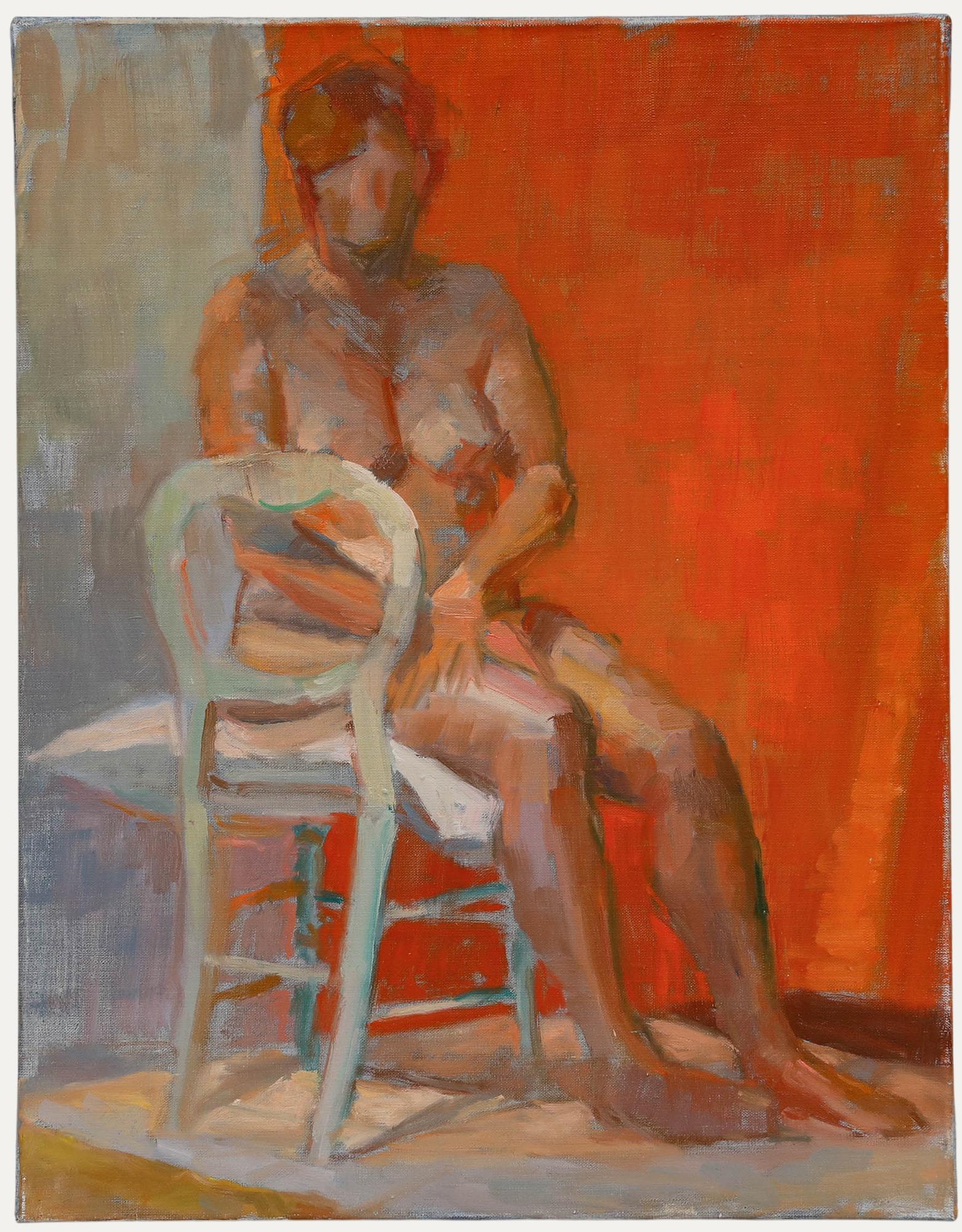 An impressionist life study by the artist Pauline Plummer (b.1933) depicting a lady sat on a simple wooden chair in a striking orange room. Signed verso. On canvas on stretchers.