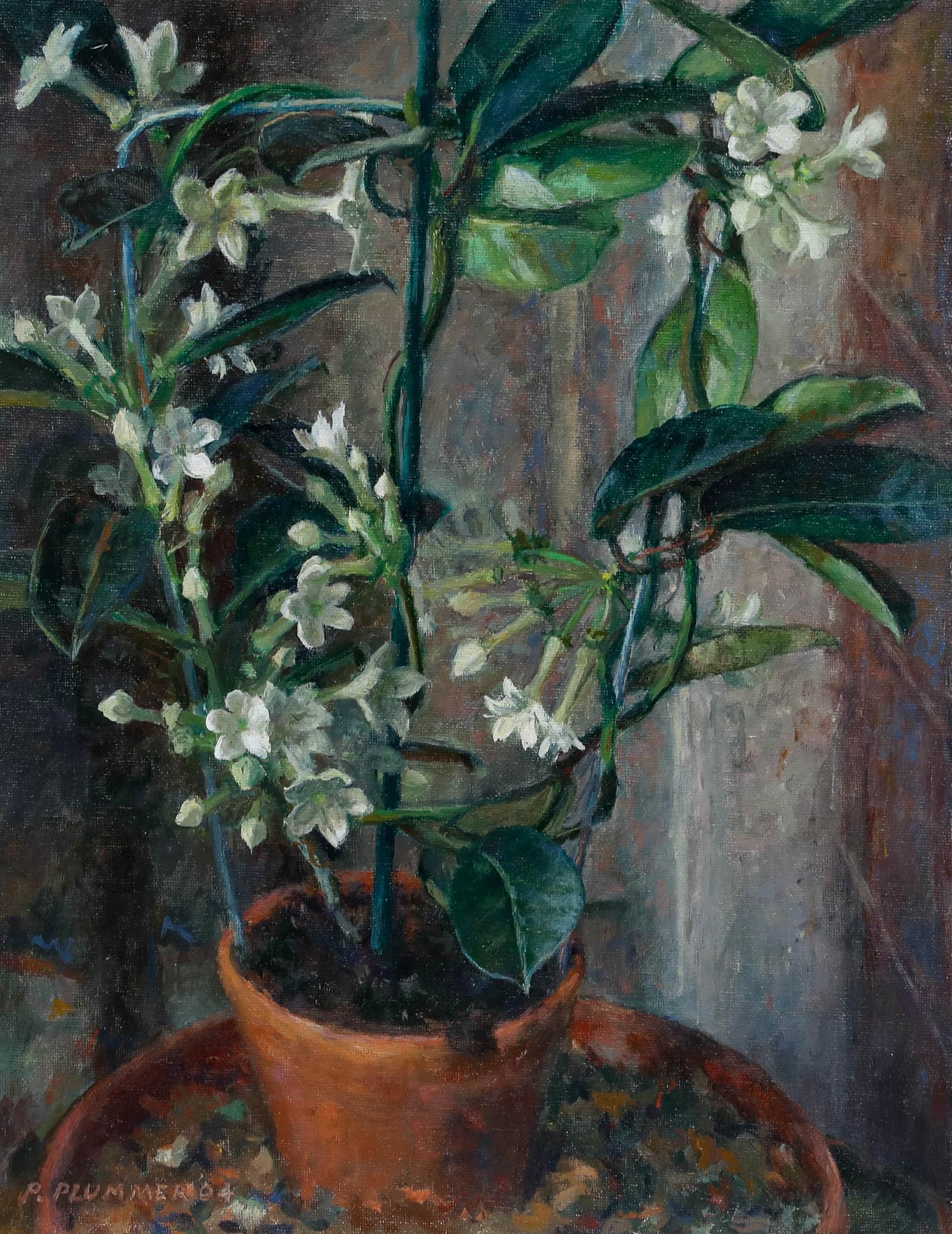 Pauline Plummer (geb. 1933) - Zeitgenössisches Öl, Weiße Nicotiana im Angebot 1