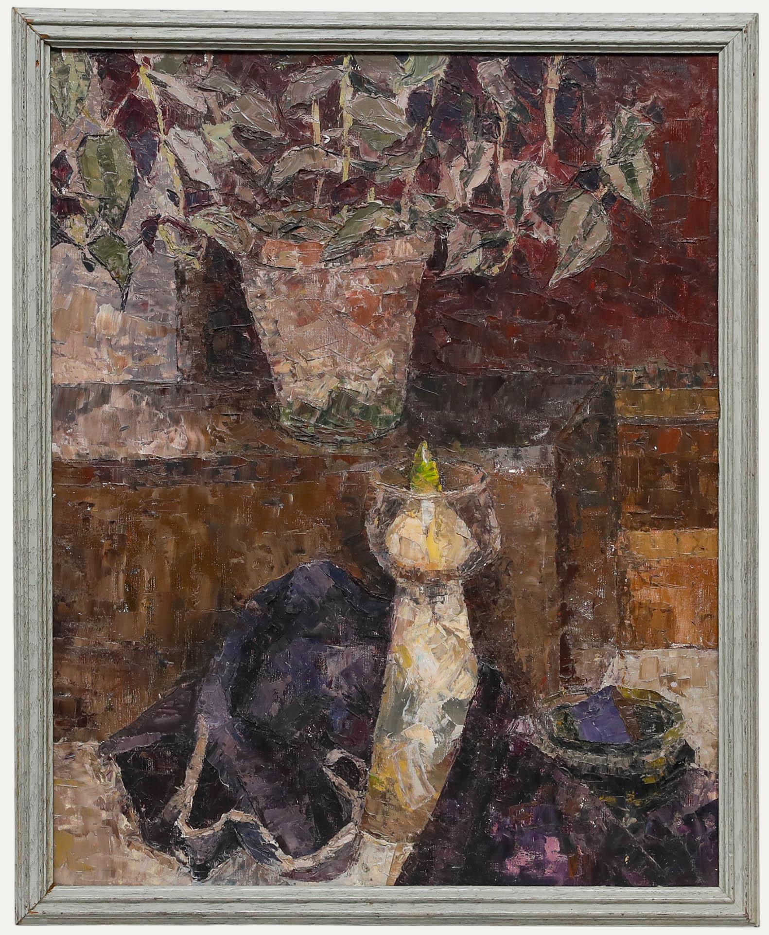 Eine impressionistische Stilllebenstudie der Künstlerin Pauline Plummer (geb. 1933). Nicht signiert. Präsentiert in einem lackierten Eichenrahmen. An Bord.