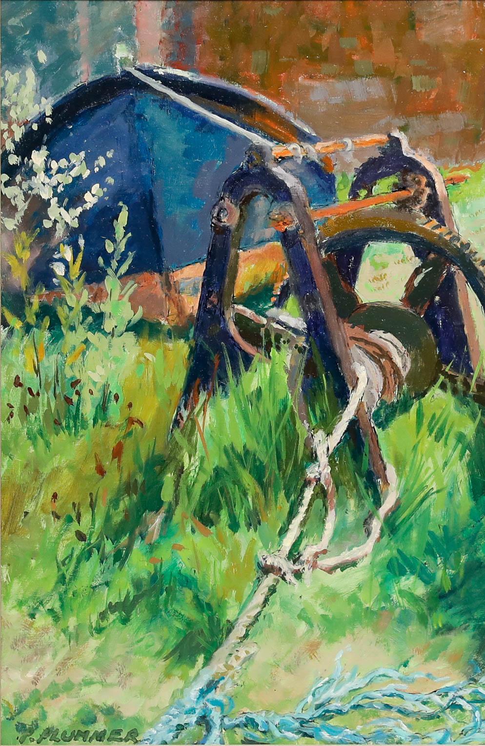 Pauline Plummer (geb. 1933) - Gerahmtes zeitgenössisches Öl, Eine rostige Winde im Angebot 1