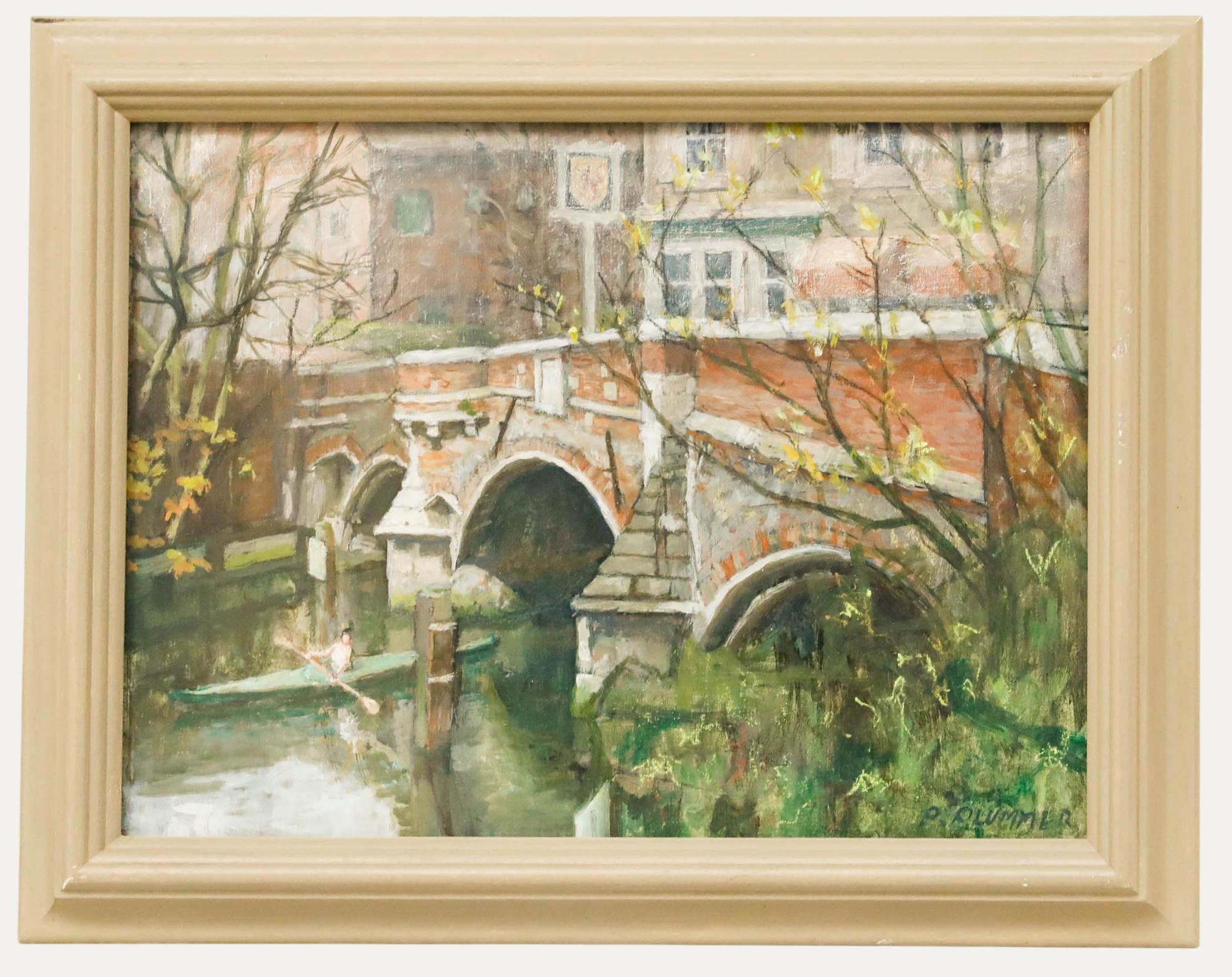 An original oil painting by Pauline Plummer (b.1933), depicting a canoeist paddling under the arches of Bishop's Bridge. Signed to the lower right. Well presented in a painted wooden frame. On board. 