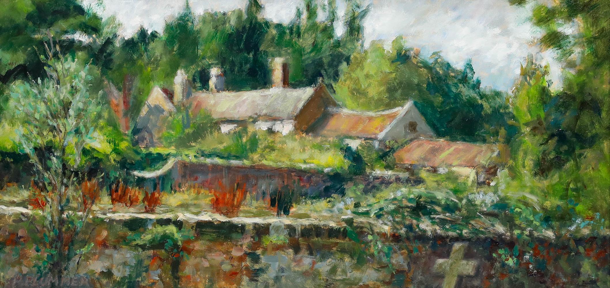 Pauline Plummer (b.1933) - Framed Contemporary Oil, Cottage Rooftops For Sale 1
