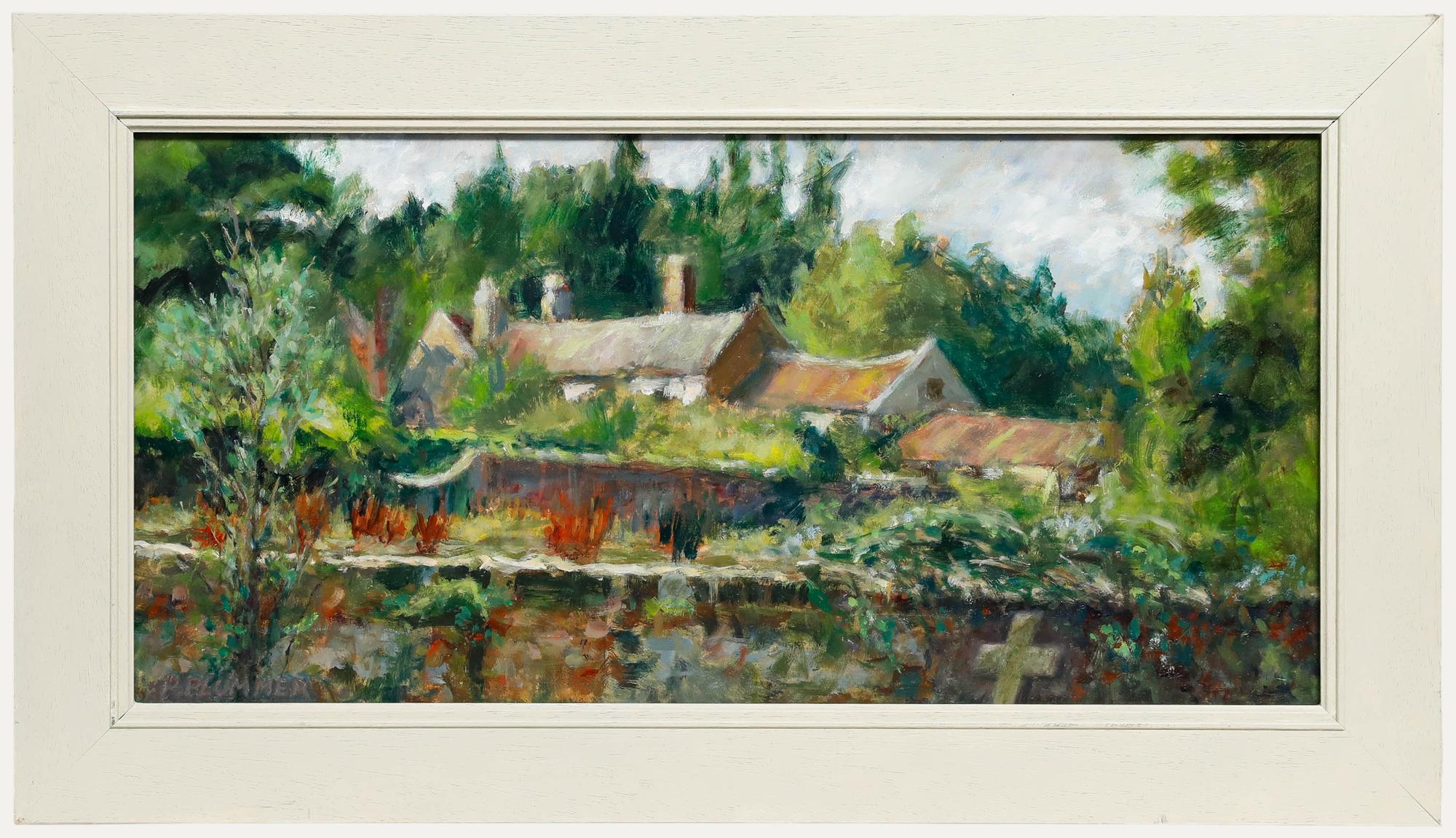 Pauline Plummer (nata nel 1933) - Olio contemporaneo incorniciato, Tetti di un cottage