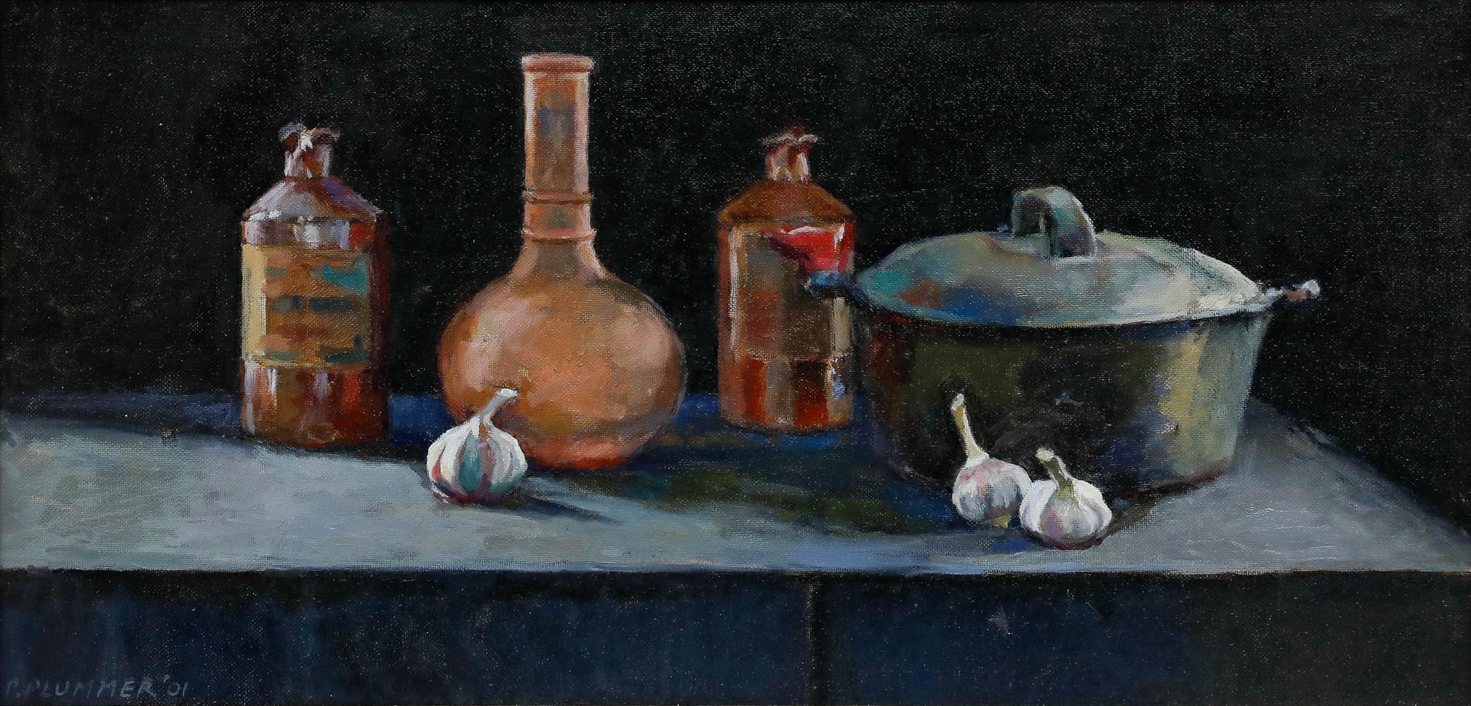 Pauline Plummer (b.1933) - Framed Contemporary Oil, Crocks with Garlic For Sale 1