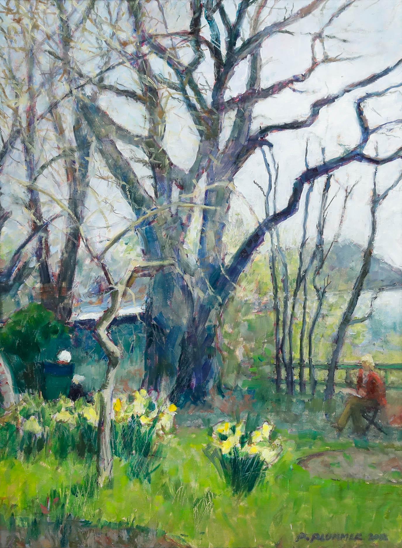 Pauline Plummer (geb. 1933) - Gerahmtes zeitgenössisches Öl, Enjoying Diana's Garden im Angebot 1