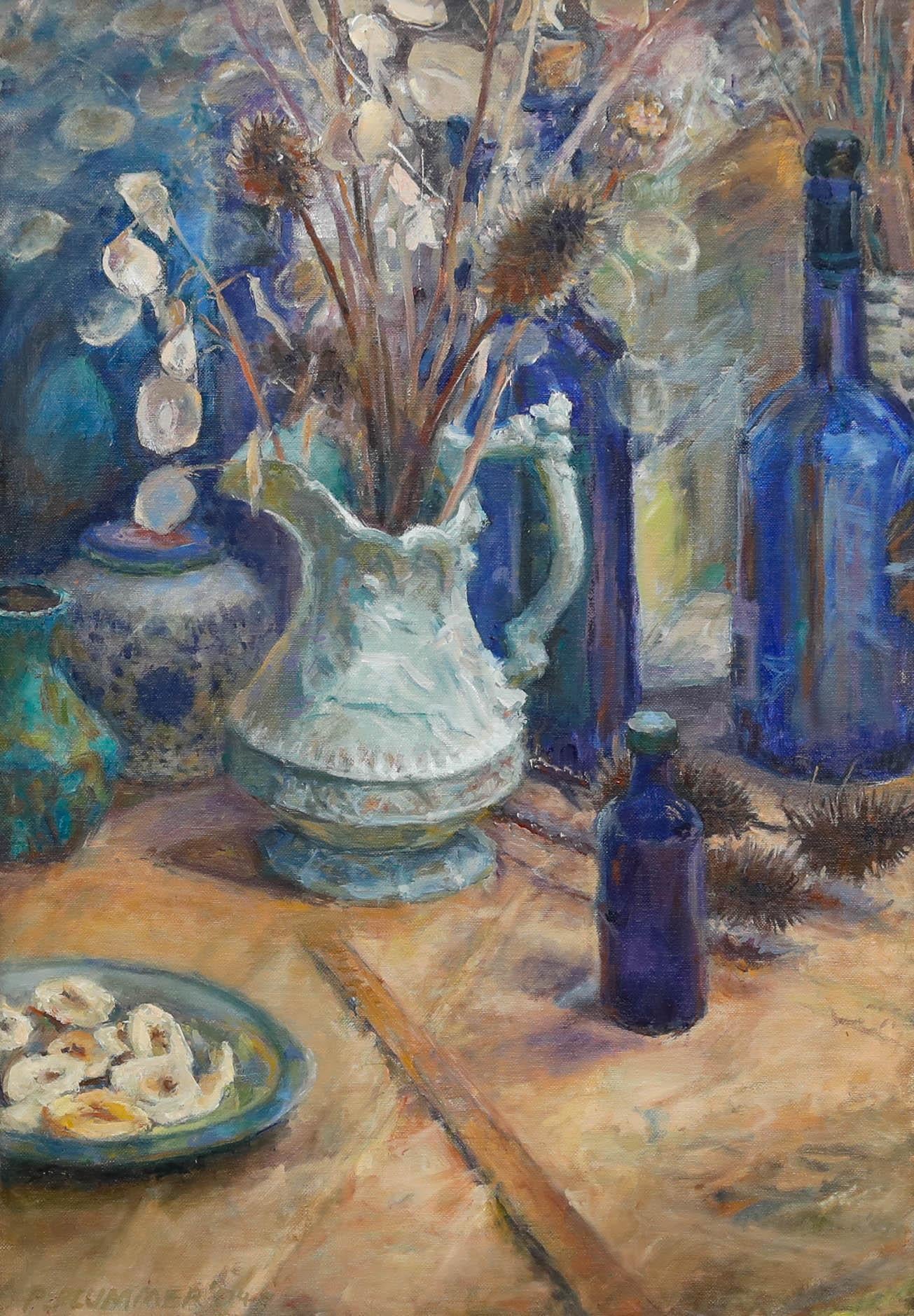 Pauline Plummer (geb. 1933) - Gerahmtes zeitgenössisches Öl, Gotischer Krug mit Teelichtern im Angebot 1