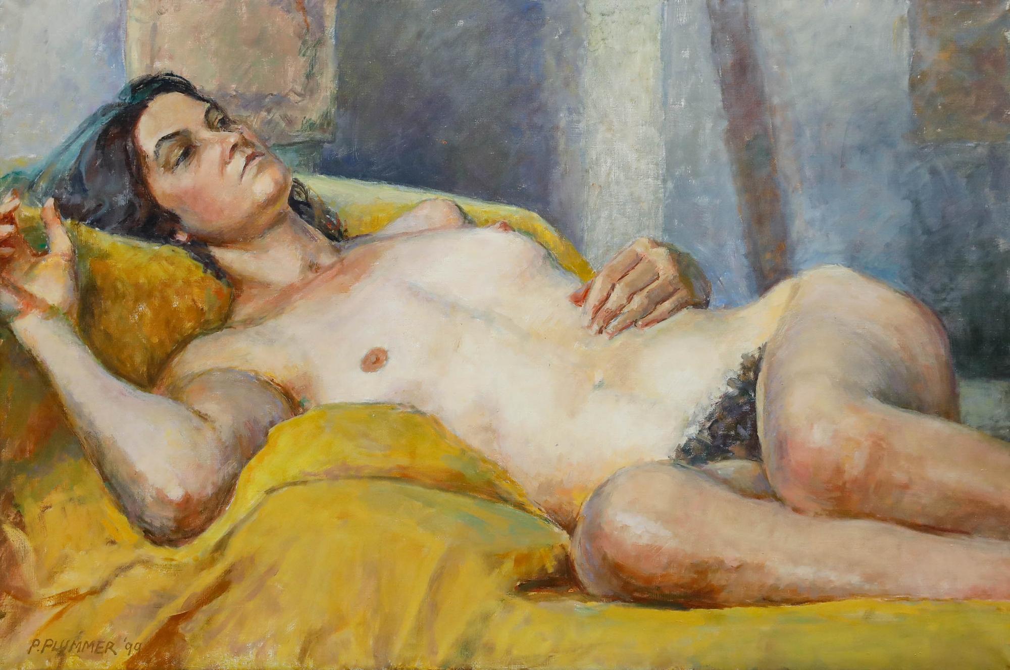 Pauline Plummer (b.1933) - Framed Contemporary Oil, Lady on the Yellow Throw For Sale 1